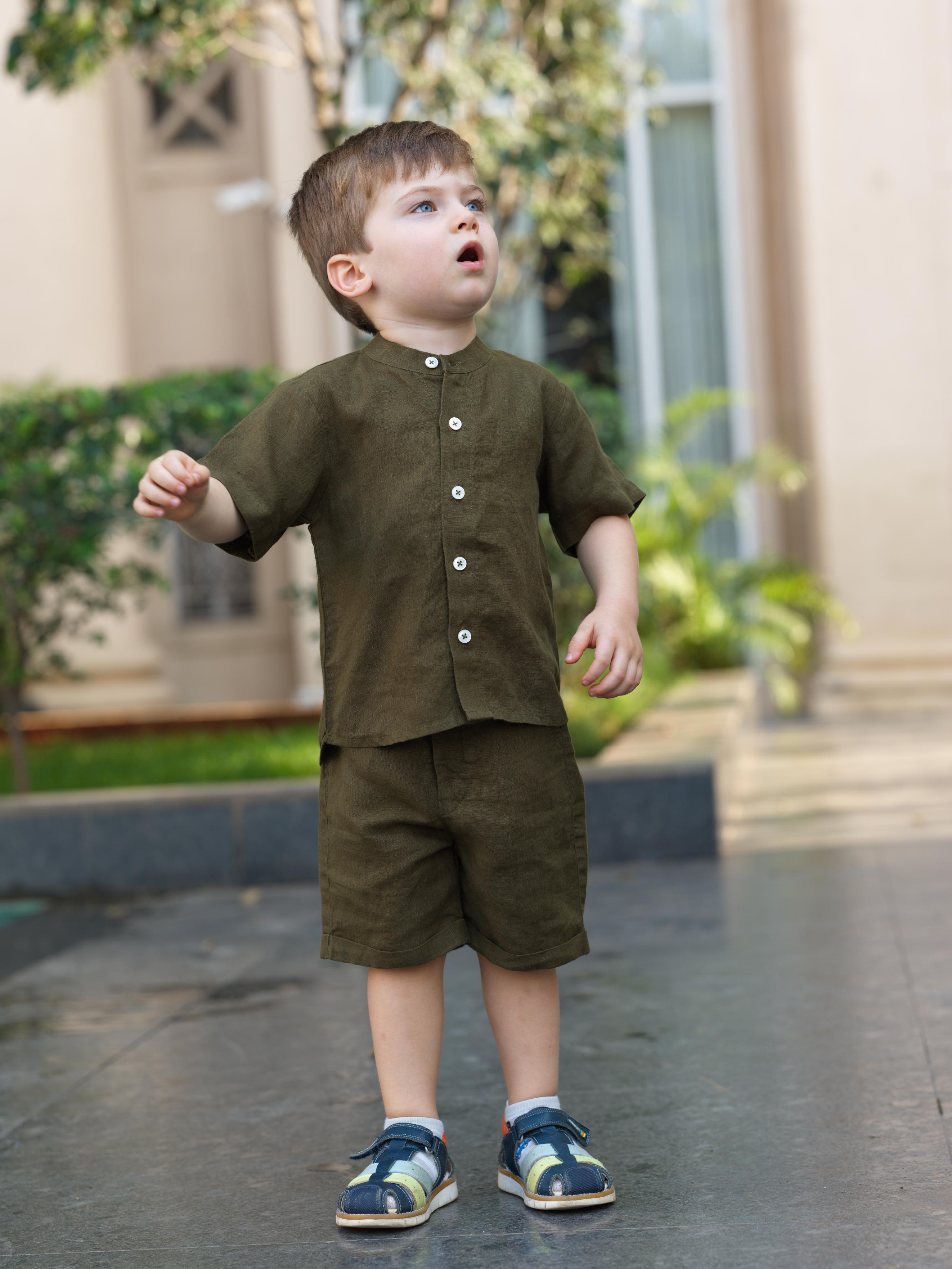 Boys Mandarin Collar Shirt & Shorts Co-Ord Army Green