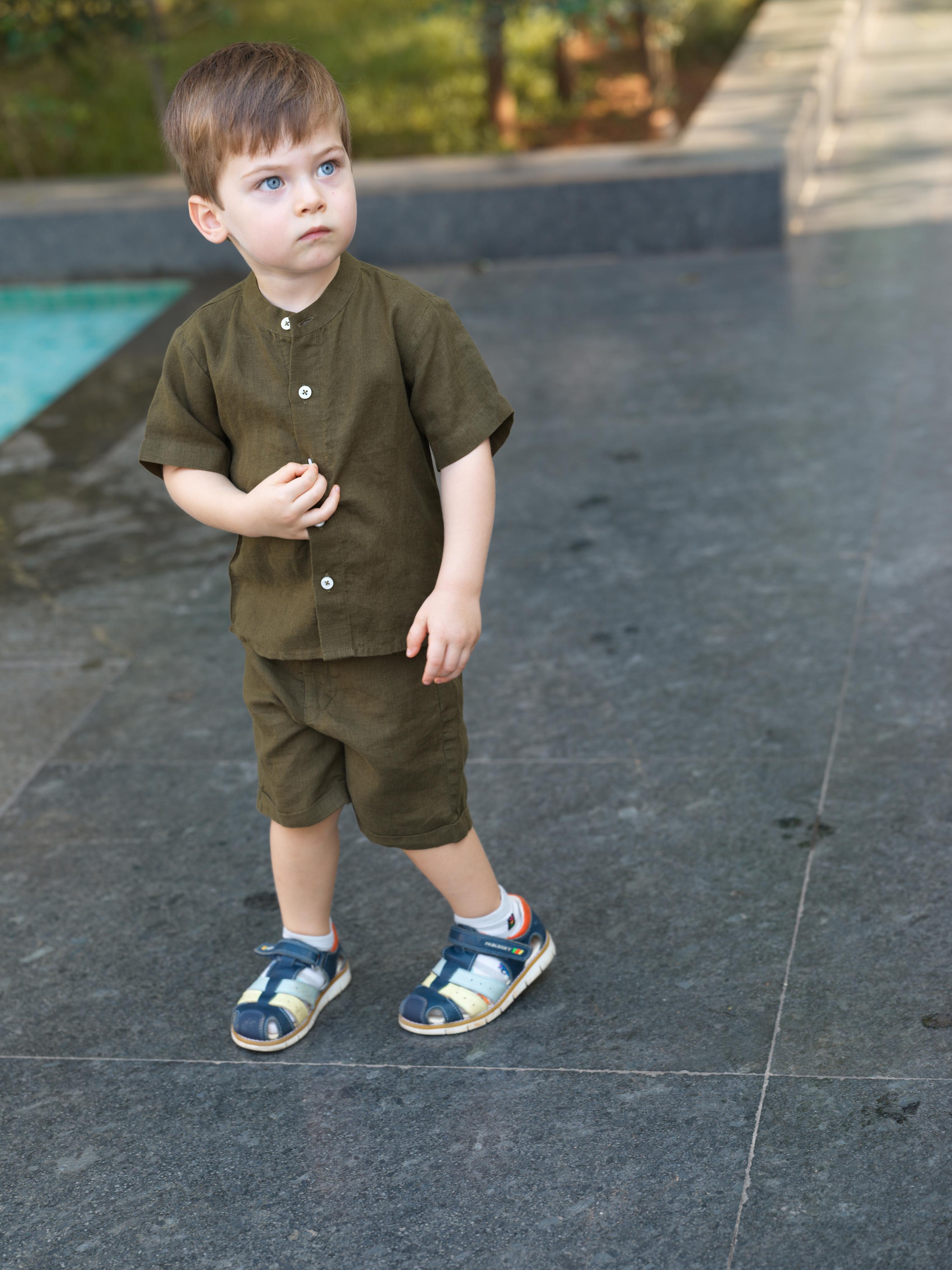 Boys Mandarin Collar Shirt & Shorts Co-Ord Army Green