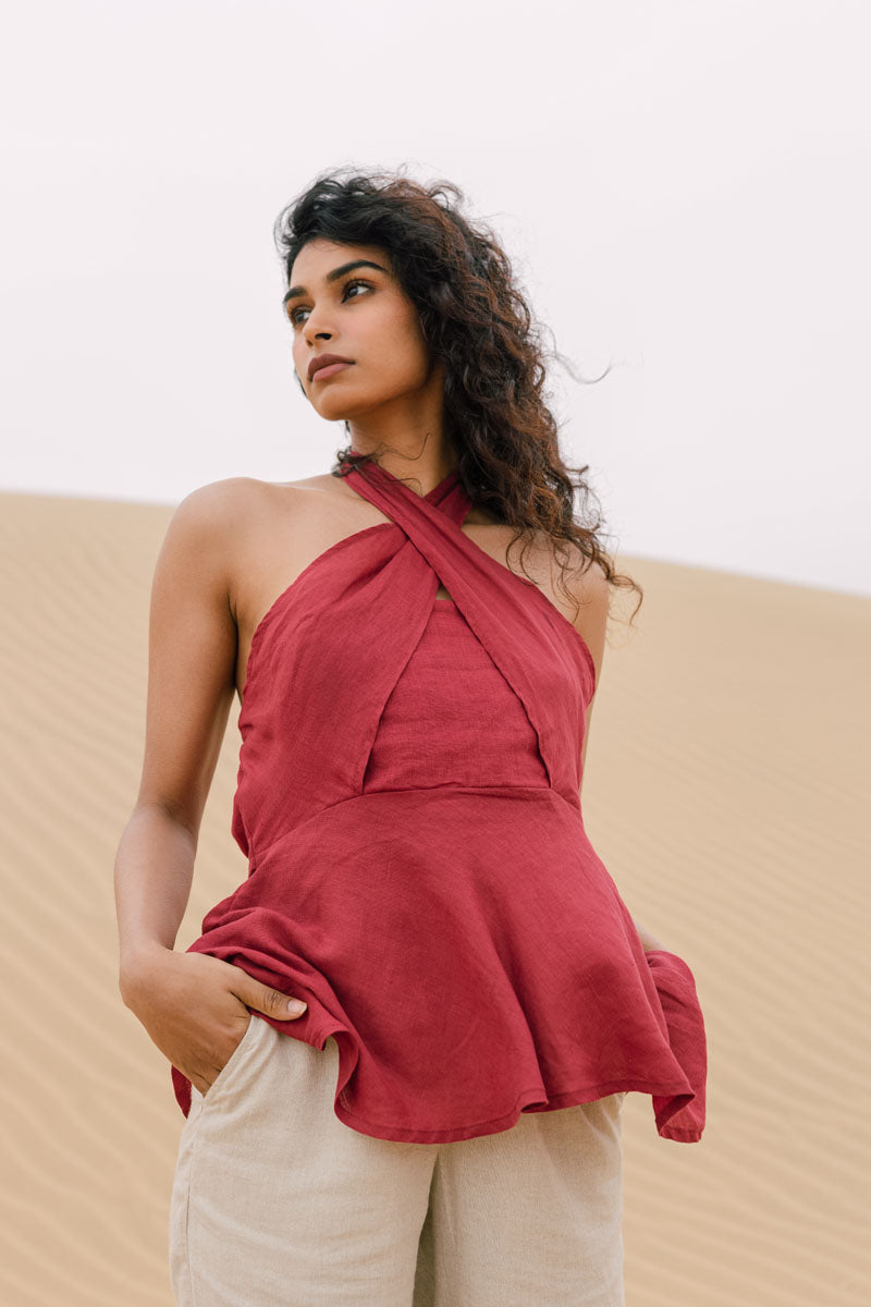 Halter neck peplum top - Chi Linen