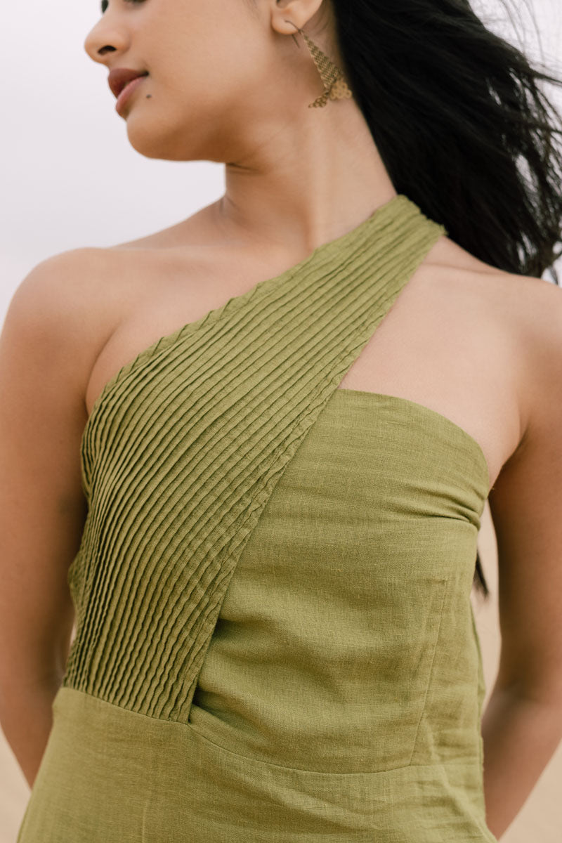 Pleated One Shoulder Dress - Chi Linen