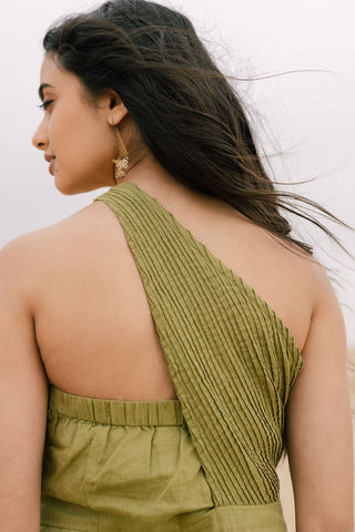 Pleated One Shoulder Dress - Chi Linen
