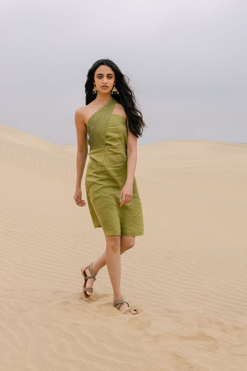 Pleated One Shoulder Dress - Chi Linen