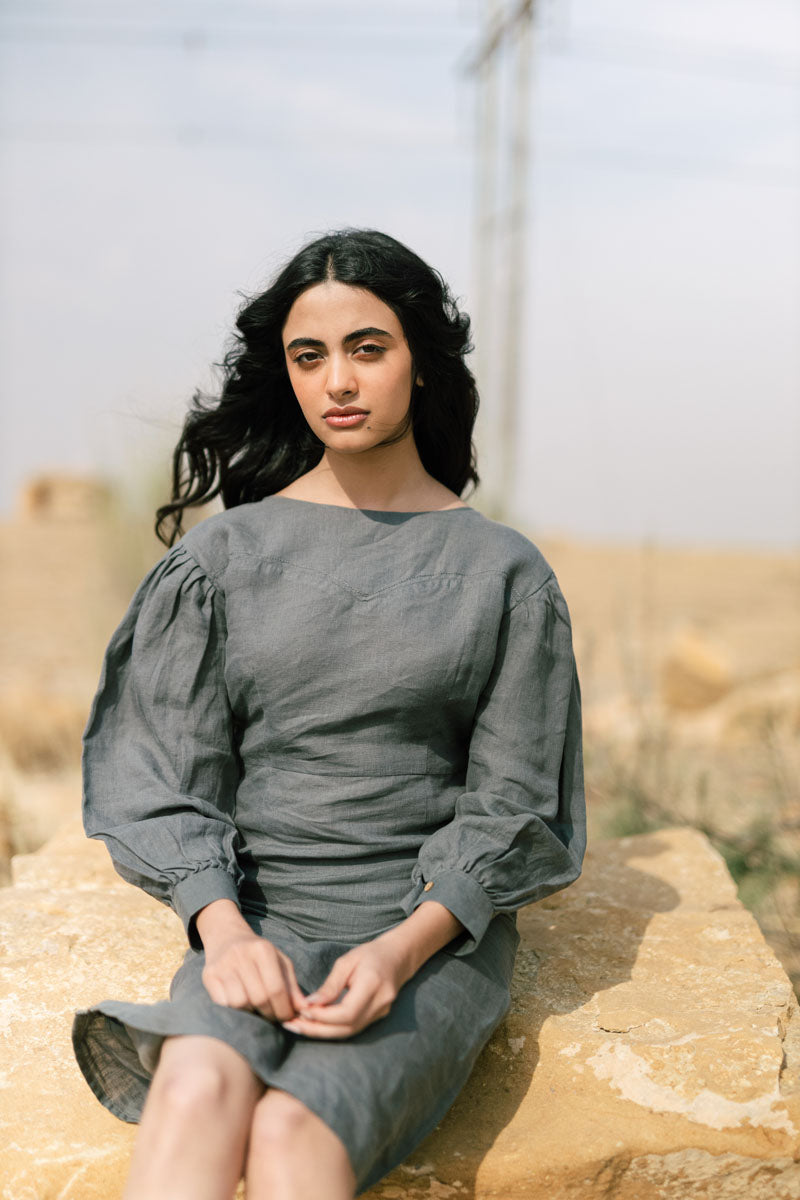 Sweetheart neck puff sleeve dress - Chi Linen