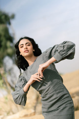Sweetheart neck puff sleeve dress - Chi Linen