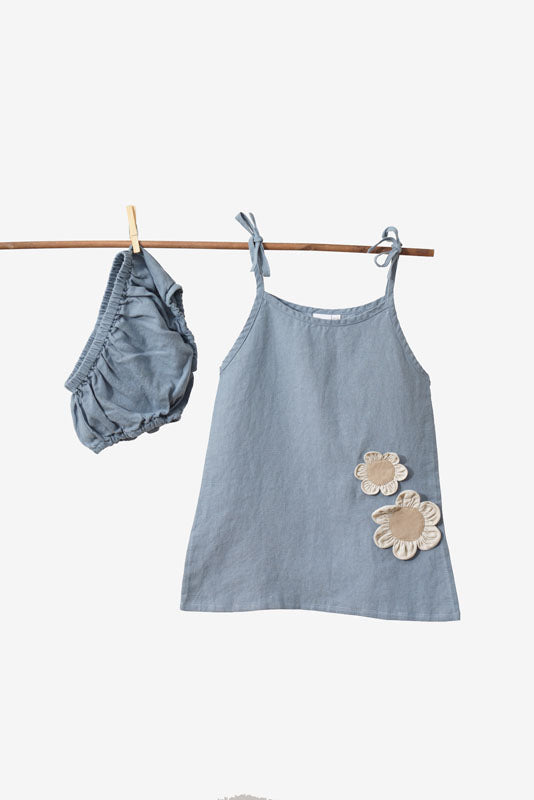 Air Force Blue Tie-Up Shoulder Flower Frock