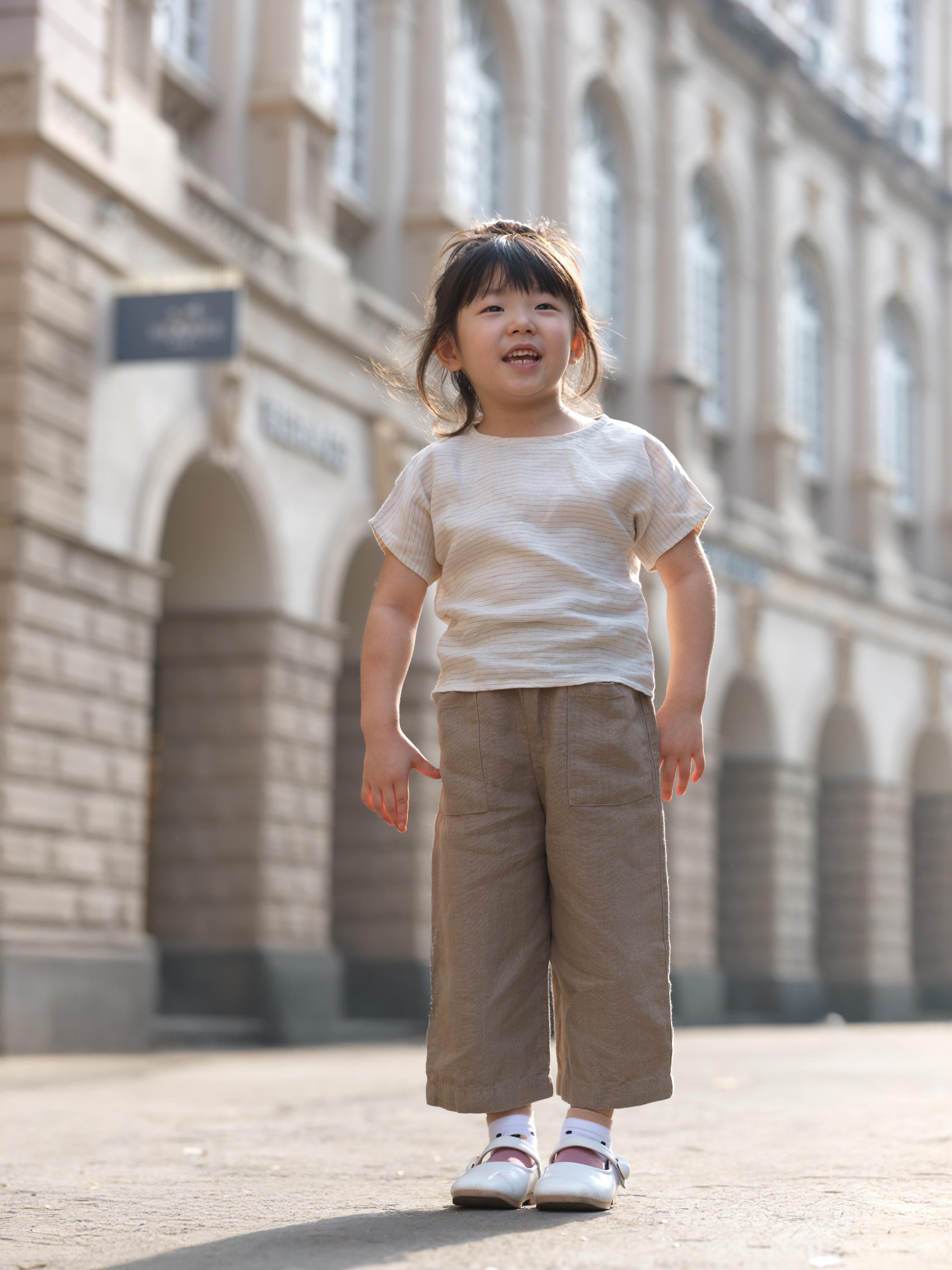 Girls Round Shoulder Top & Patch pocket Trousers Co-Ord set Beige Lines / Vintage Khaki