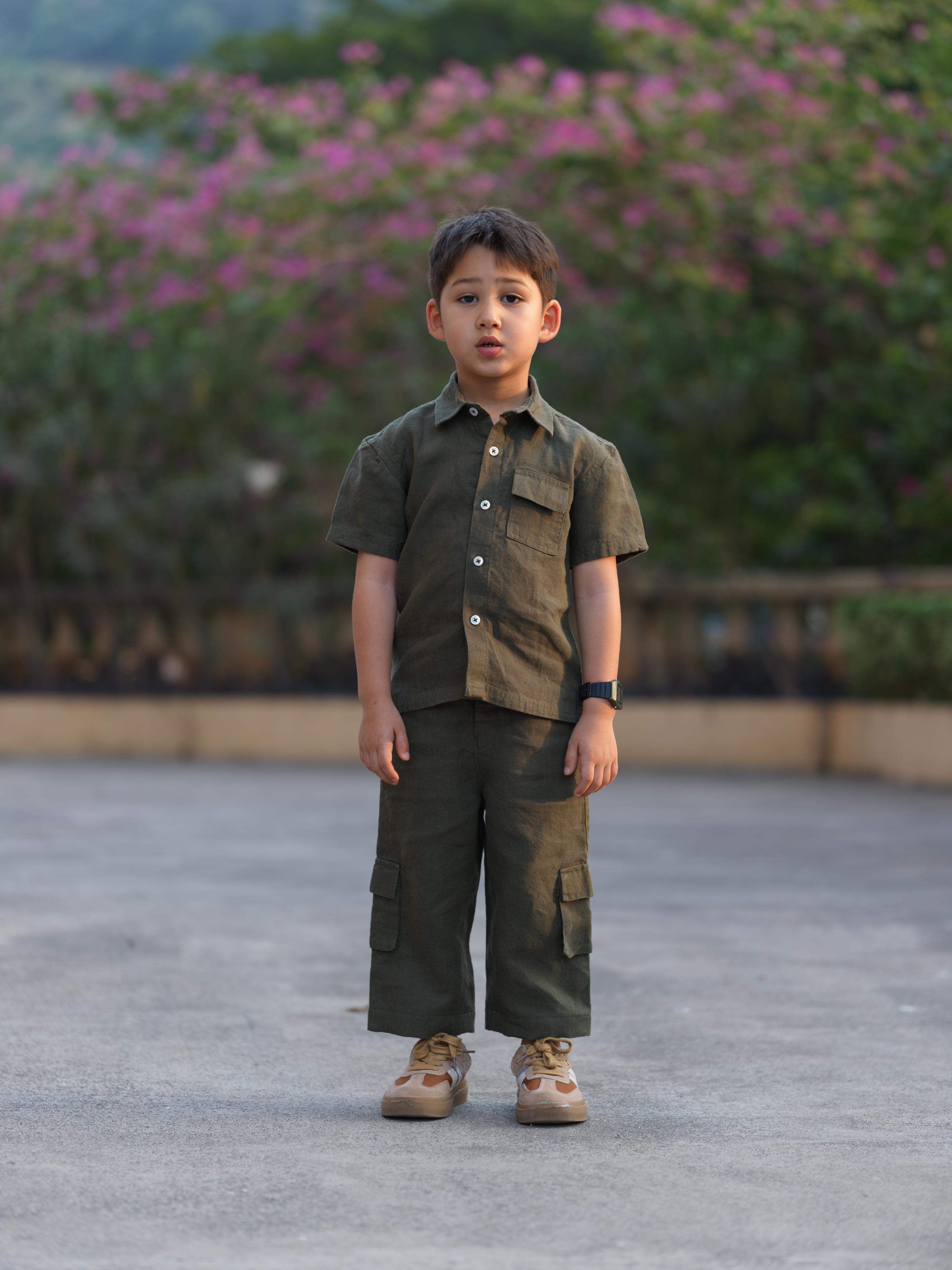 Boys Half-Sleeve Shirt & Cargo Trousers Co-Ord Moss Green