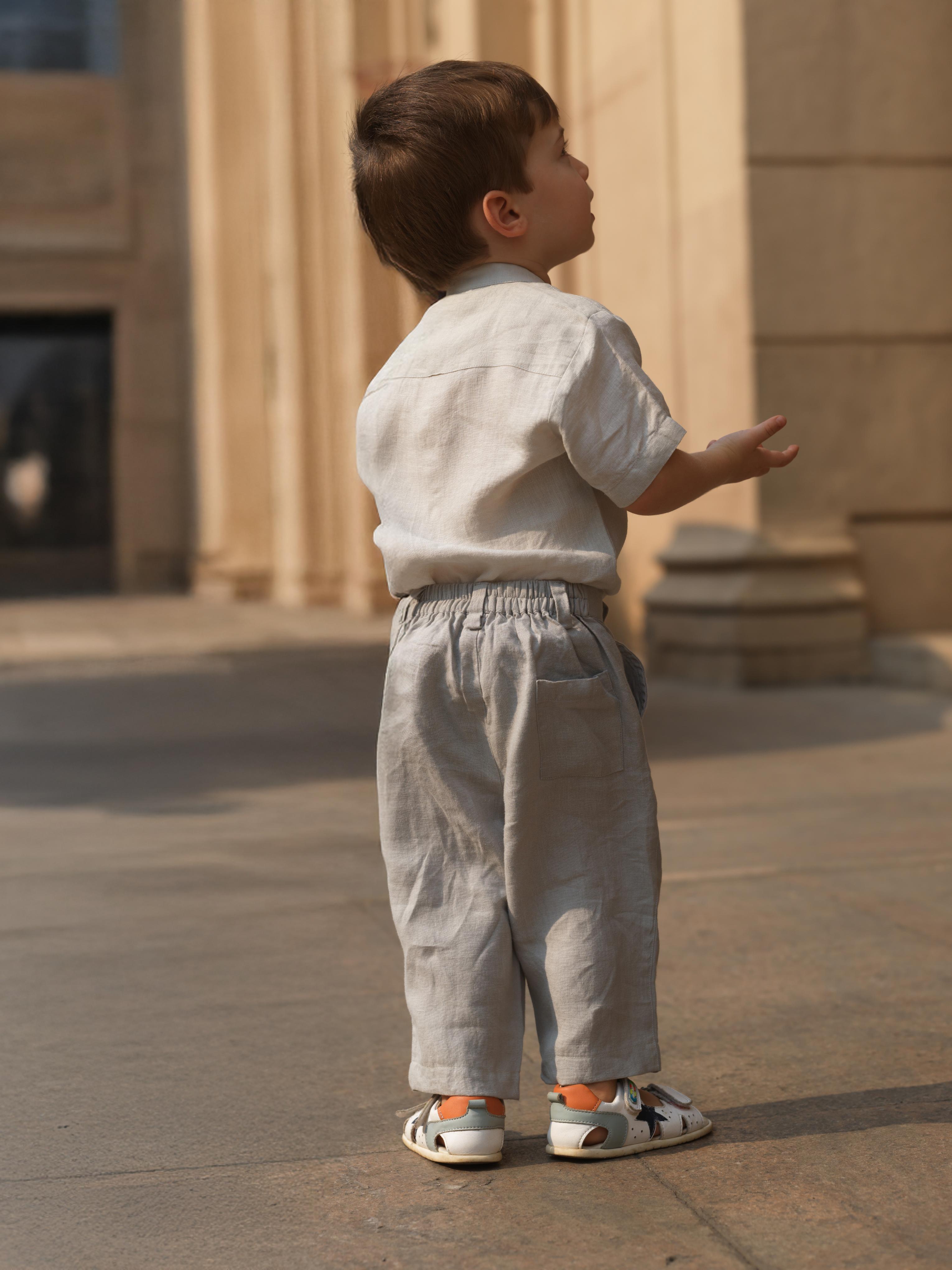 Boys Mandarin Collar Shirt & Shorts Co-Ord Light Grey