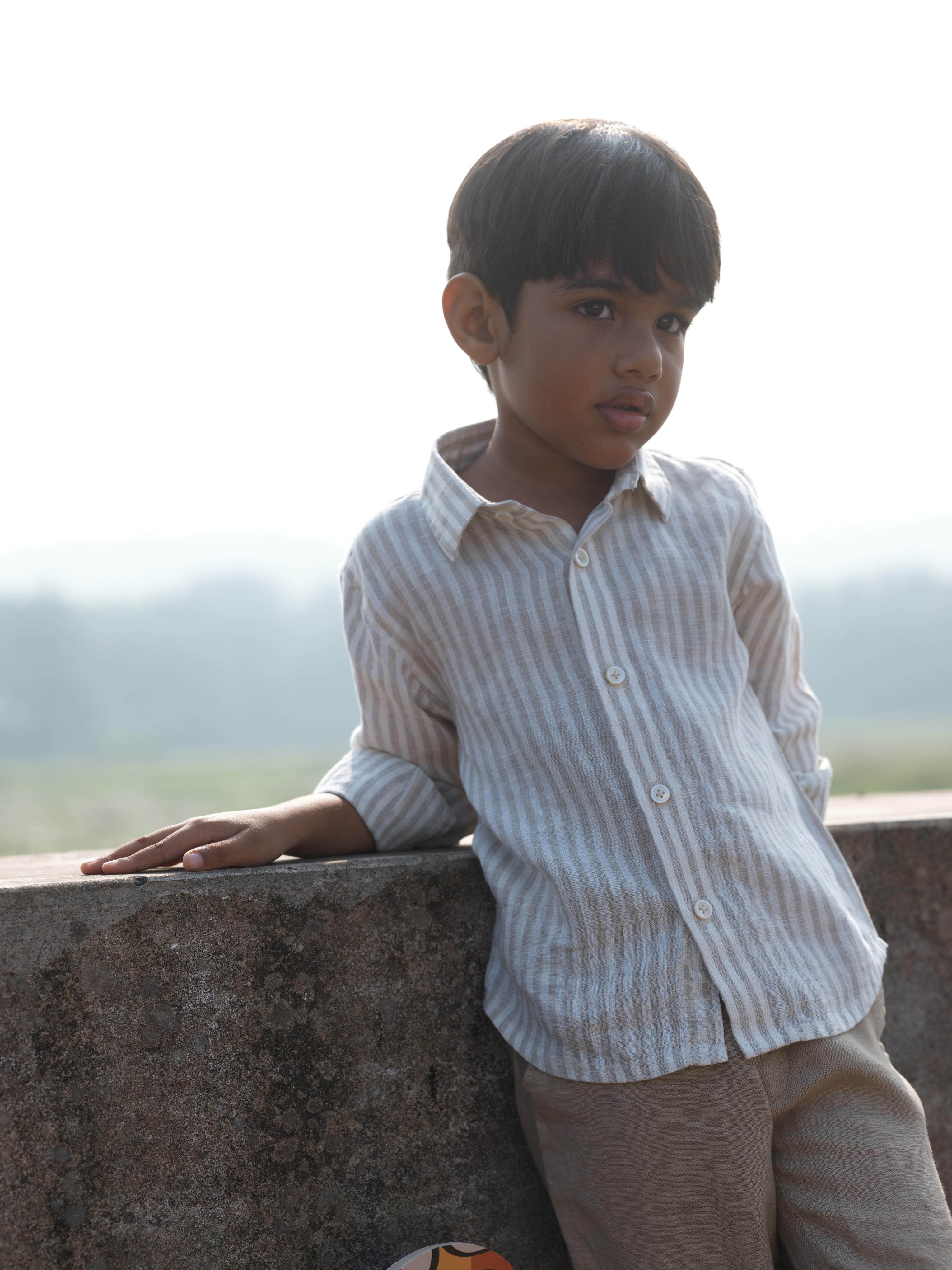Boys Regular Collar Shirt Beige Stripe