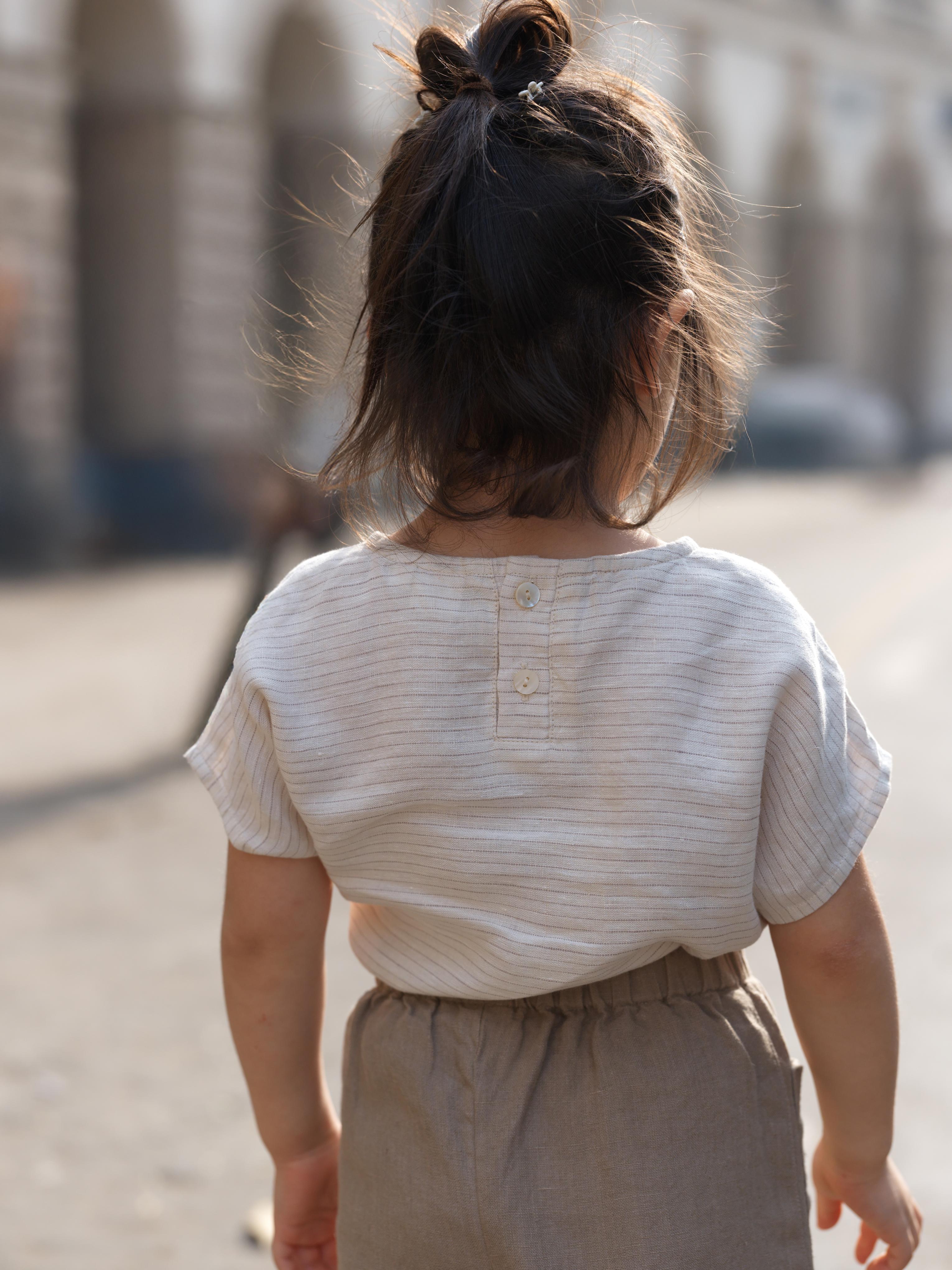 Girls Round Shoulder Top & Patch pocket Trousers Co-Ord set Beige Lines / Vintage Khaki