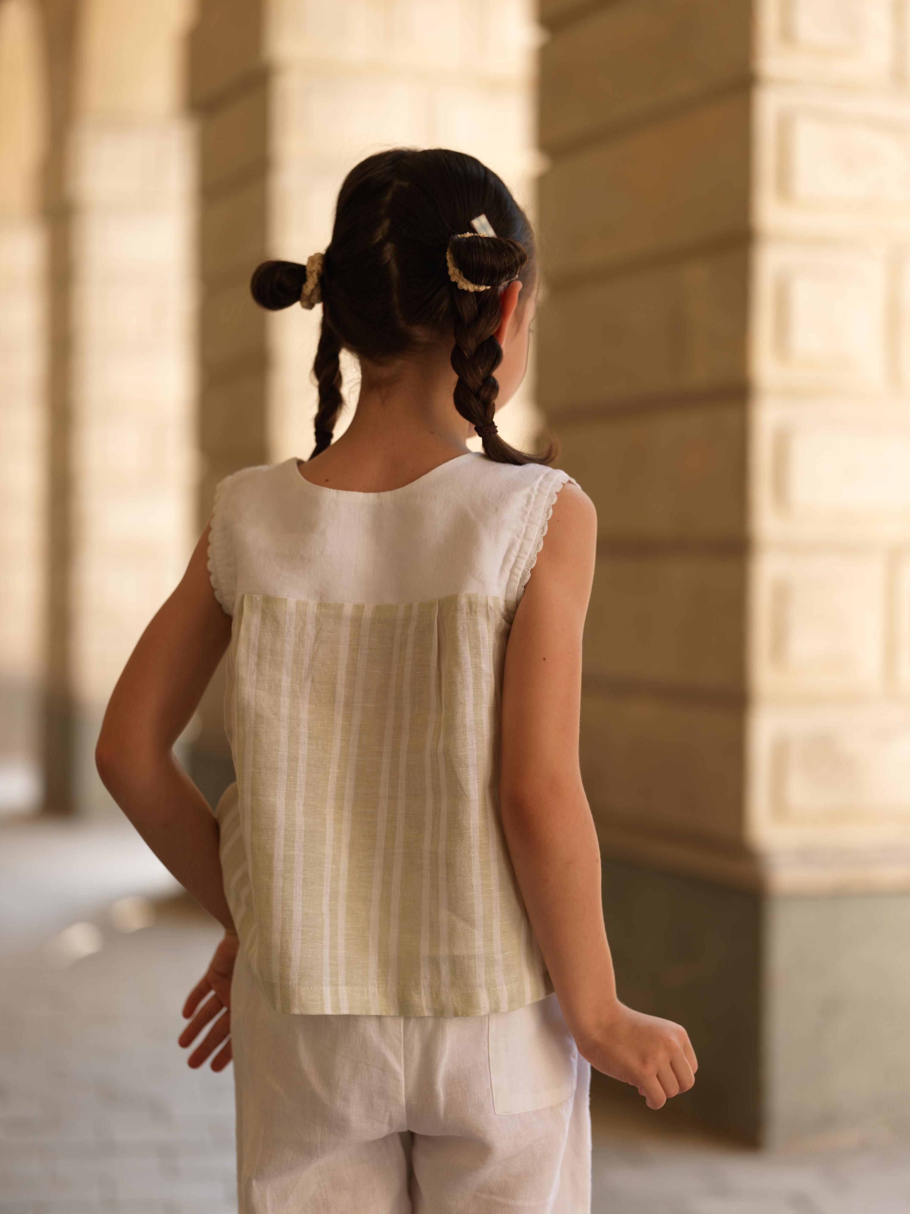 Girls Sleeveless Front Keyhole Top & Trousers Beige Double Stripe / White