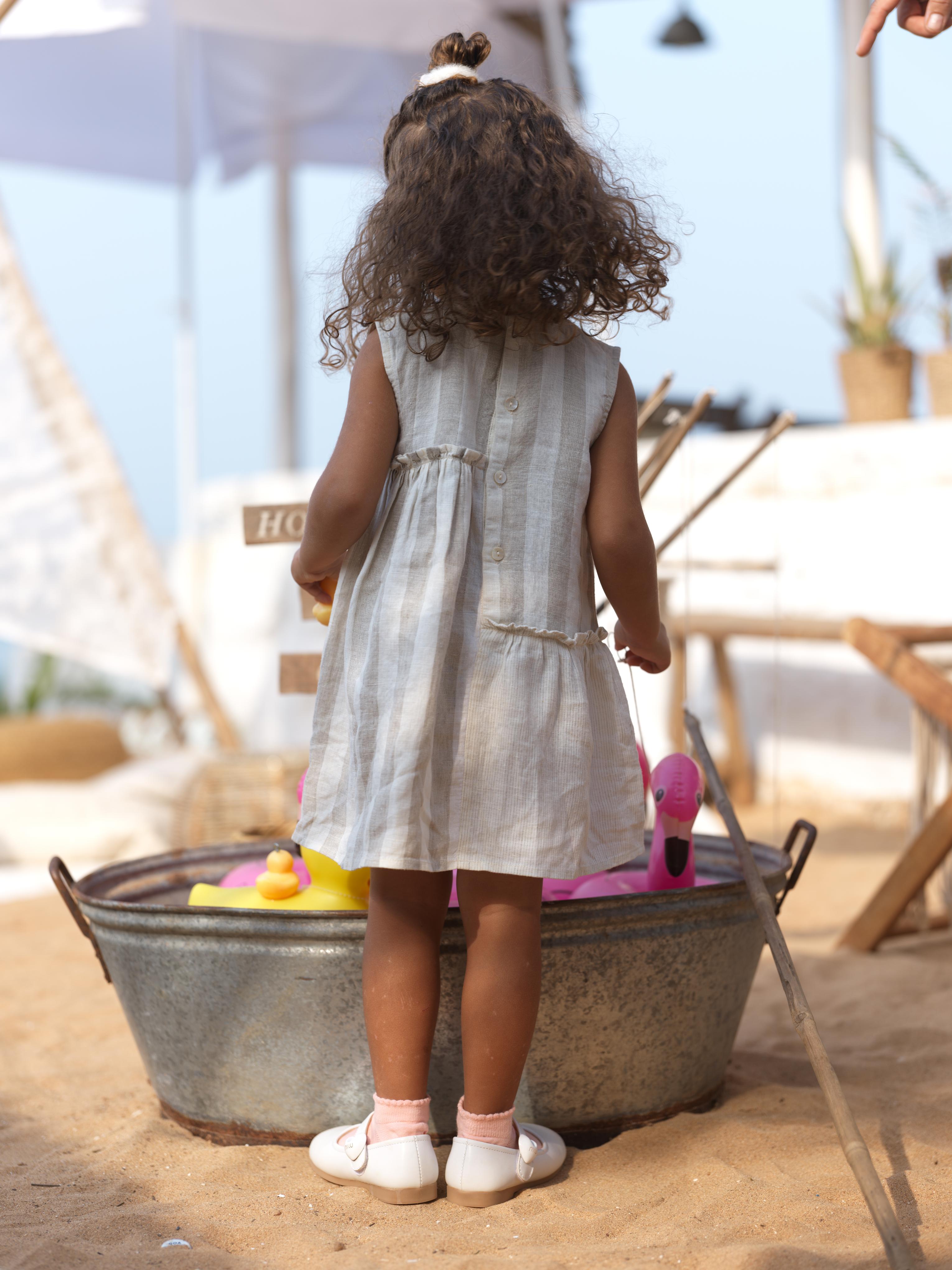 Girls Sleeveless Gathered Dress Beige Cabana Stripe / Beige Hairline Stripe