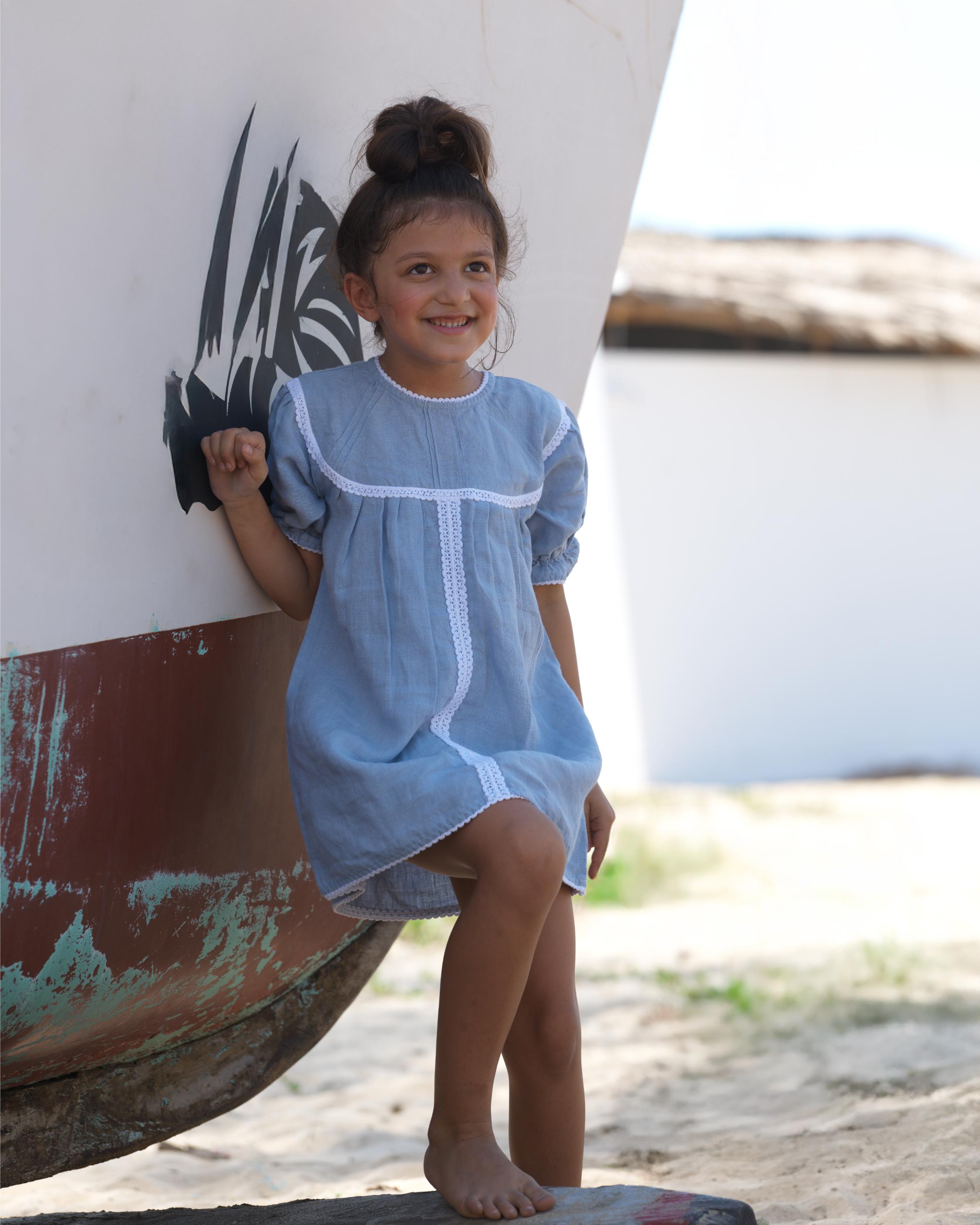 Girls Puff Sleeve Vintage Dress Pacific Blue
