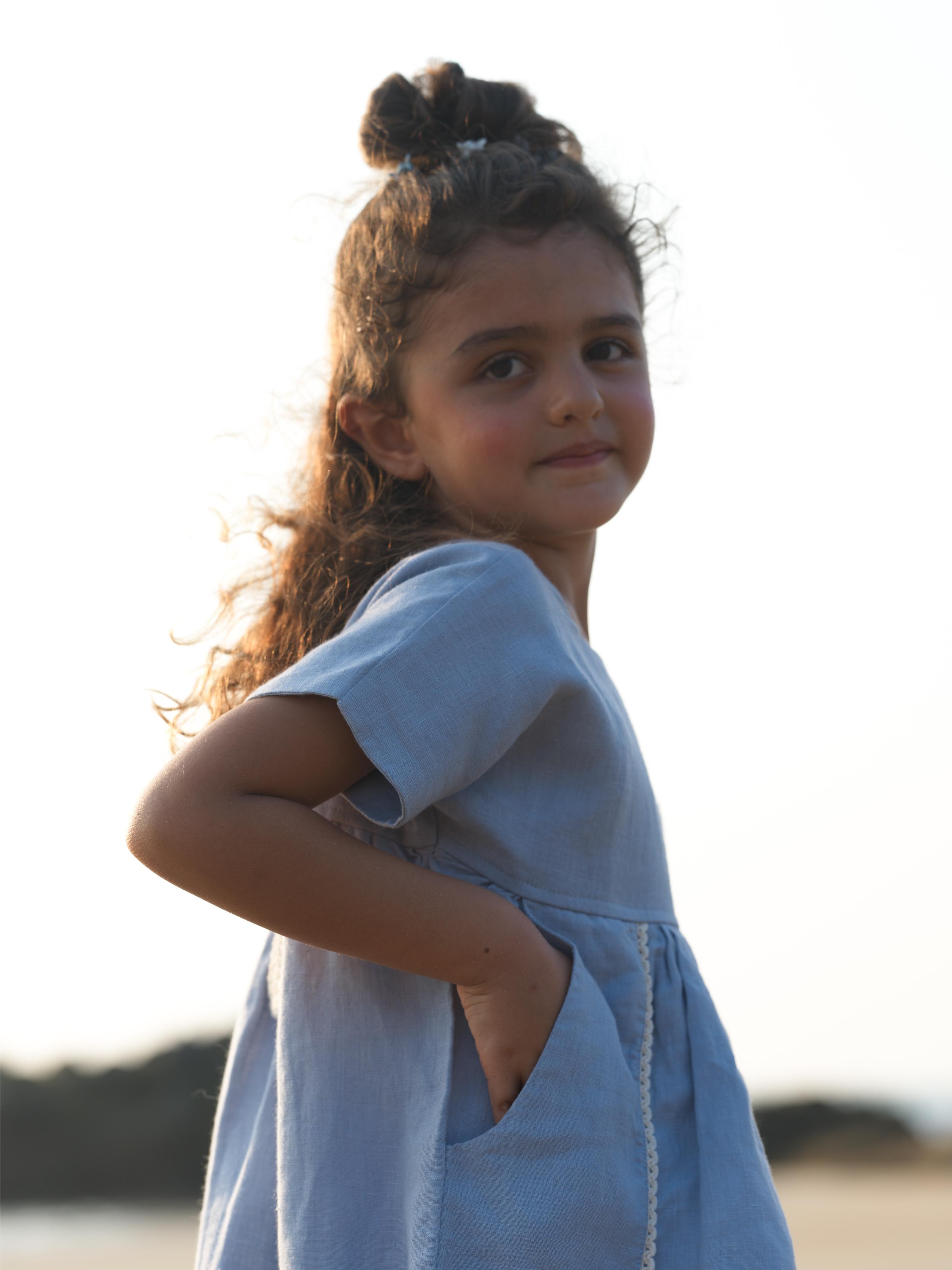 Girls Patch Pocket Tie-Back Dress Pacific Blue