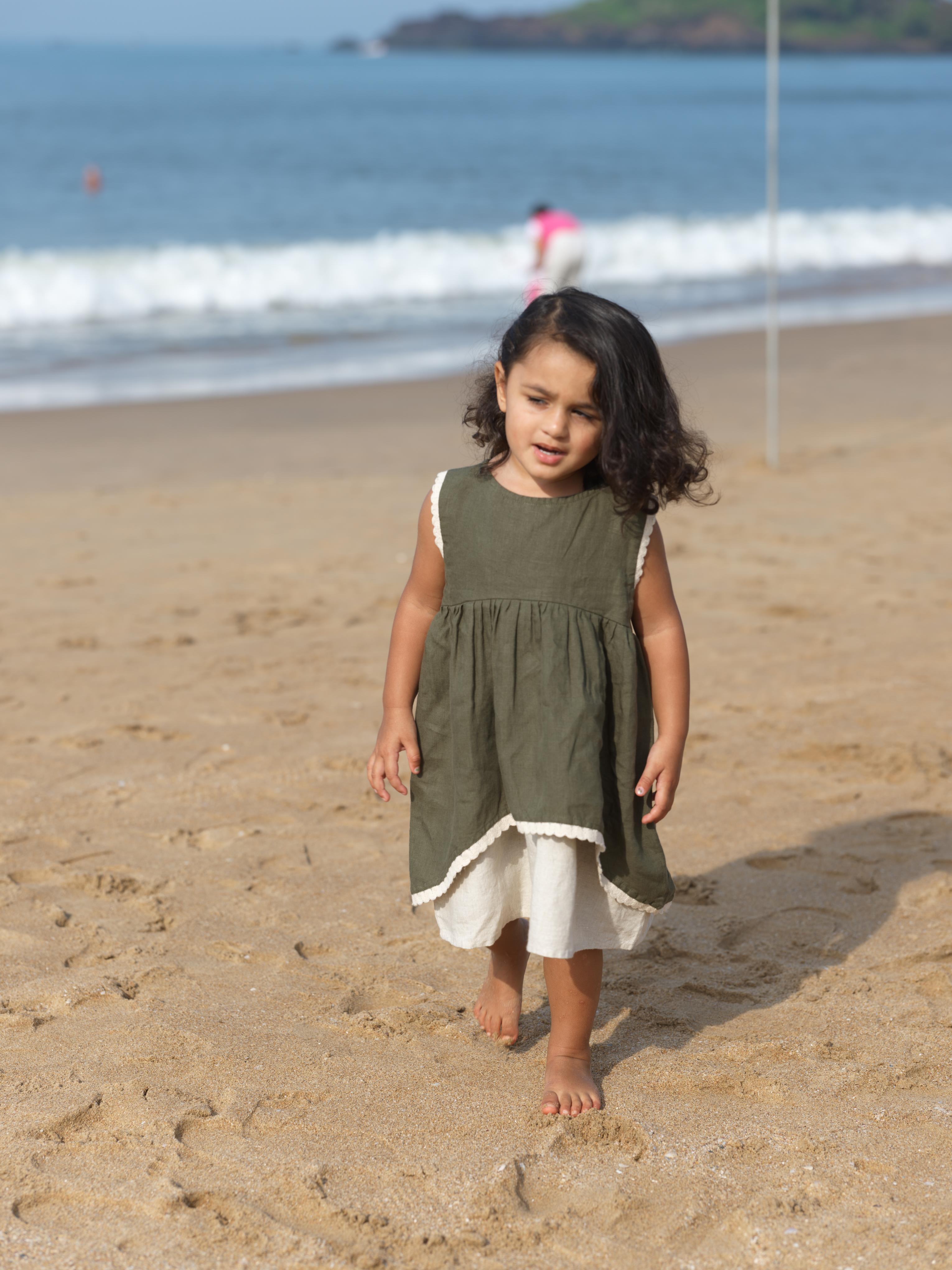 Girls Two Layer Sleeveless Dress Crocodile Green / Cookie & Cream