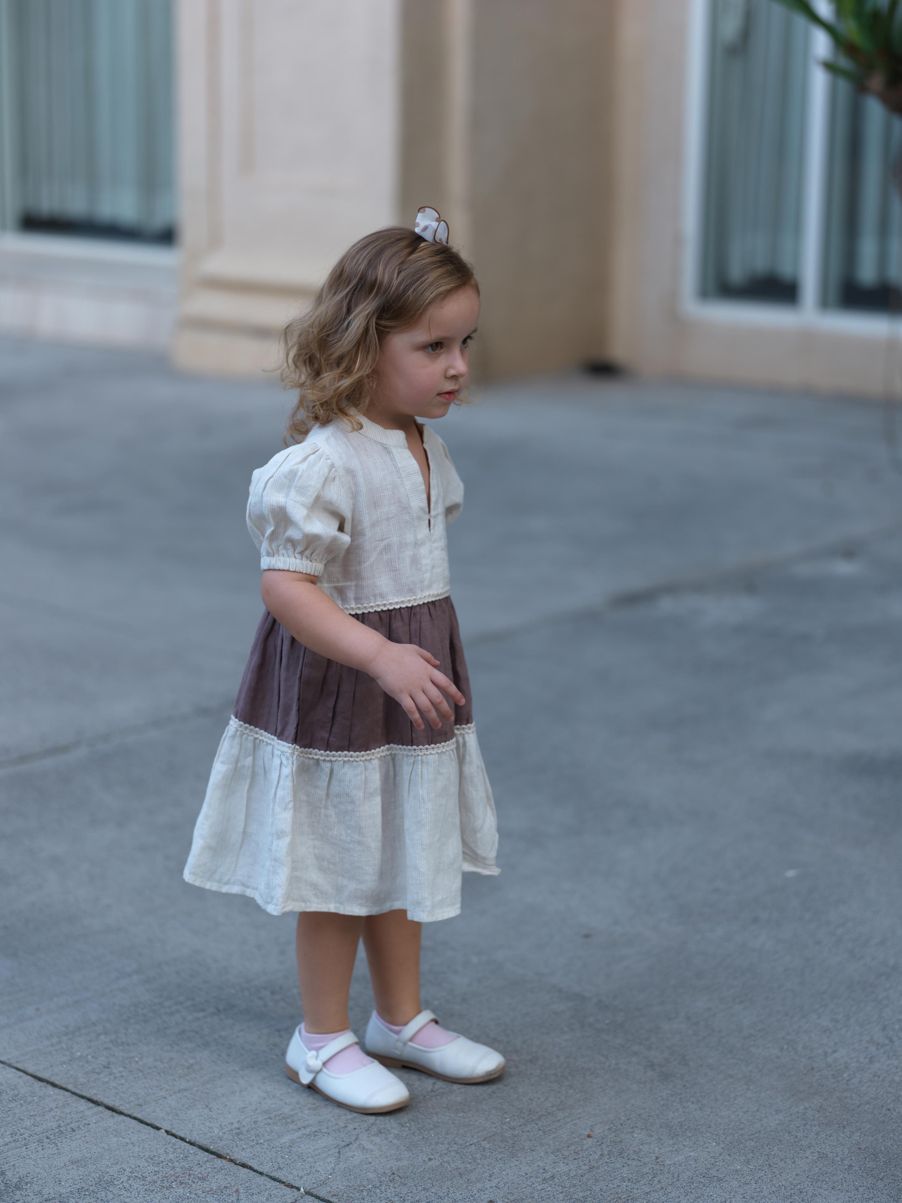 Girls 3 Tier V-Neck Dress Beige Hairline Stripe / Brown
