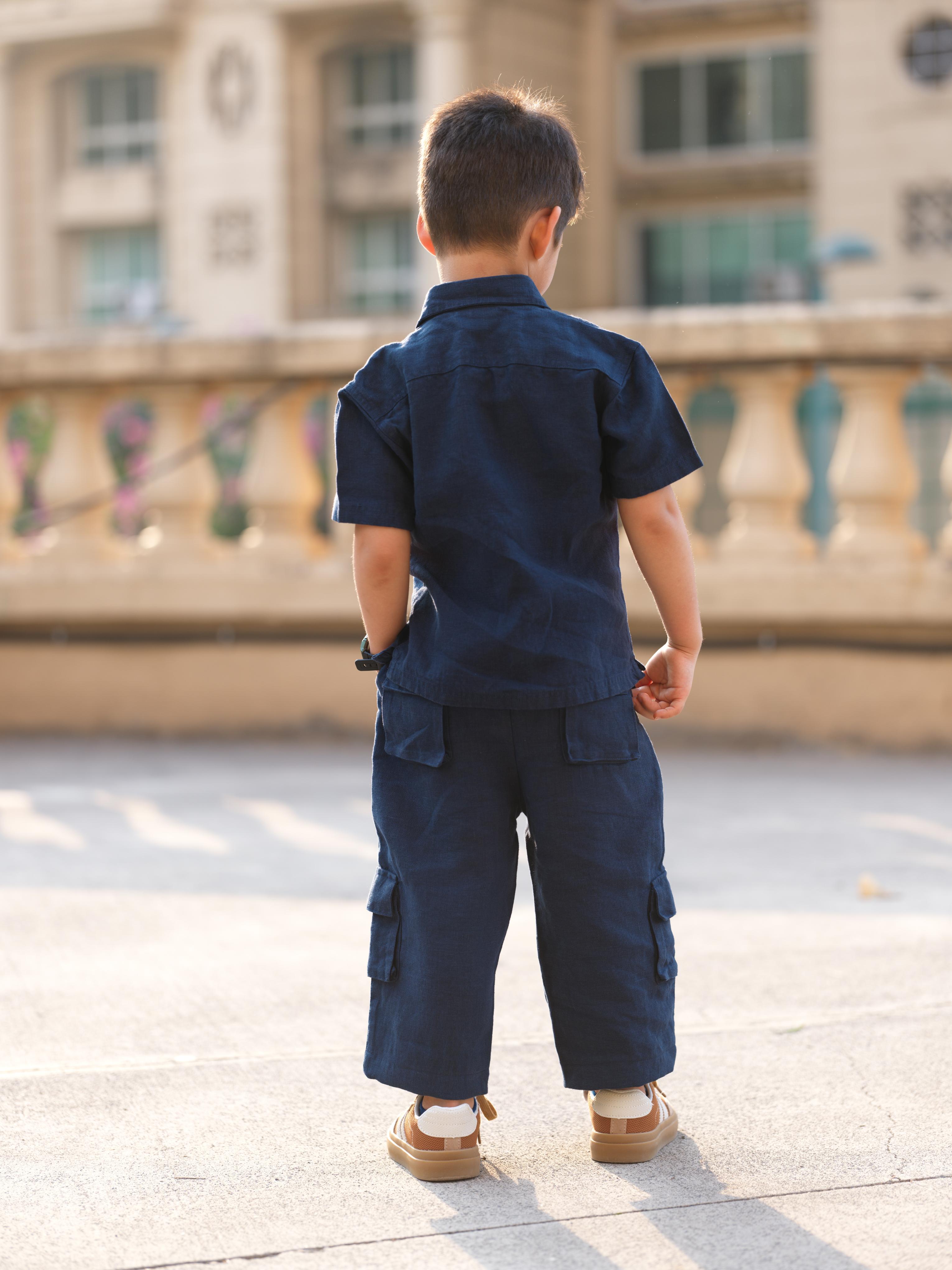 Boys Half-Sleeve Shirt & Cargo Trousers Co-Ord Navy Blue