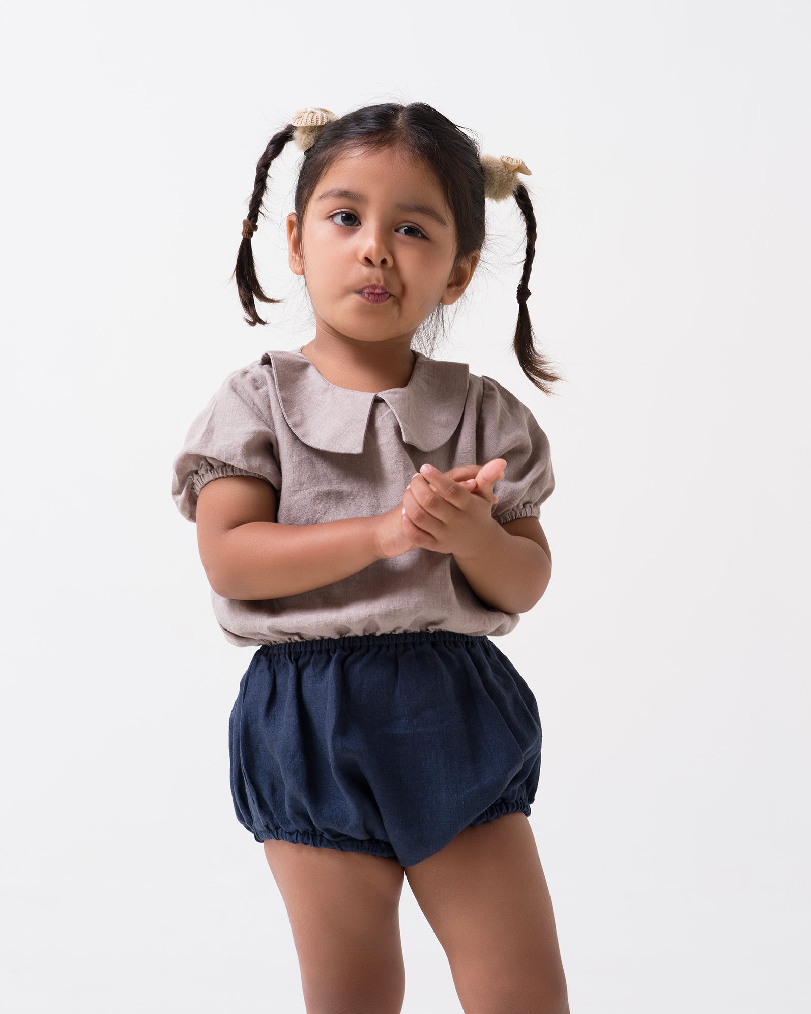 Bloom romper for girl T- Almond Beige - B- Navy Blue