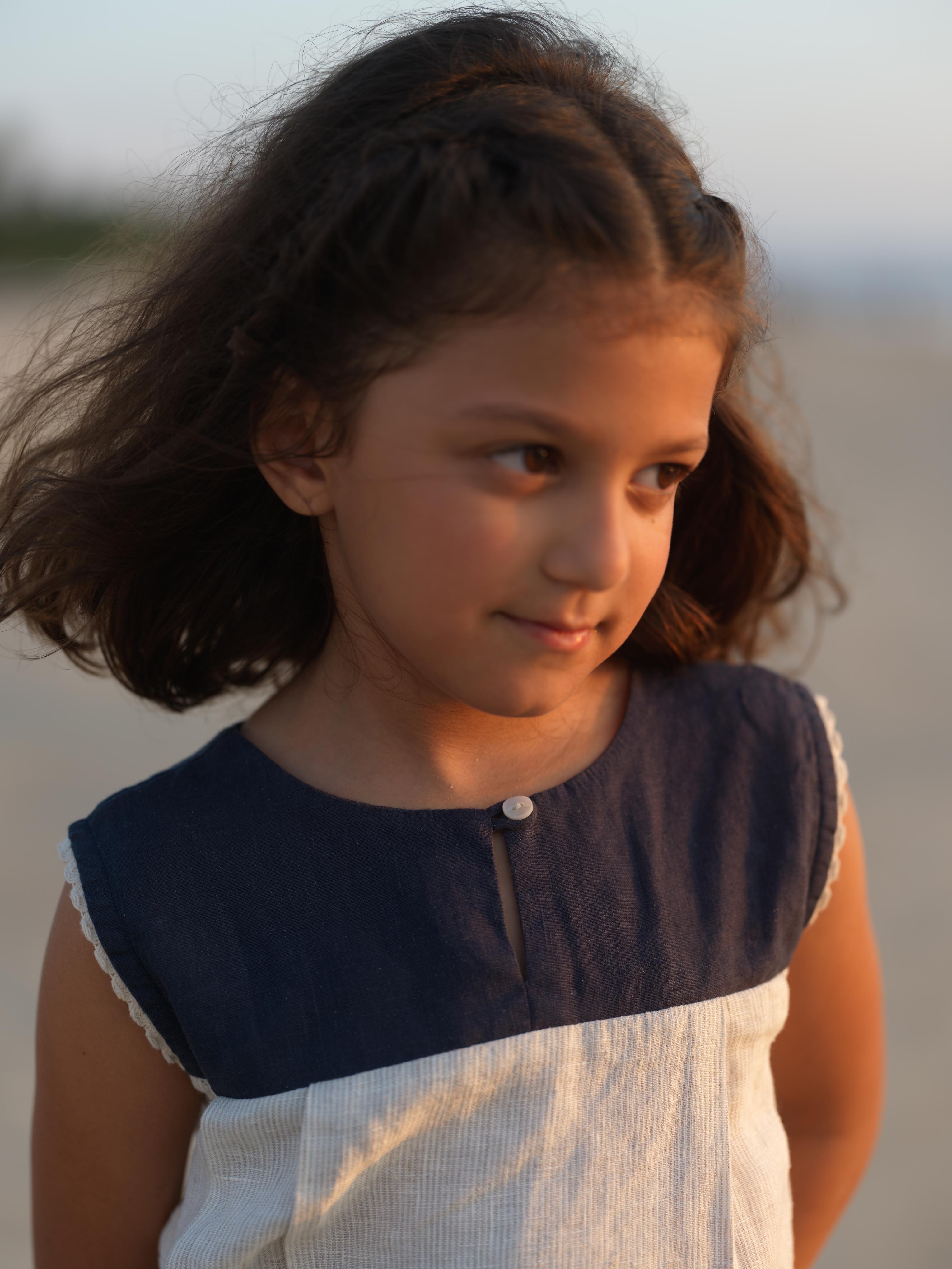 Girls Sleeveless Front Keyhole Top & Trousers Navy Blue / Fade Fine Stripe