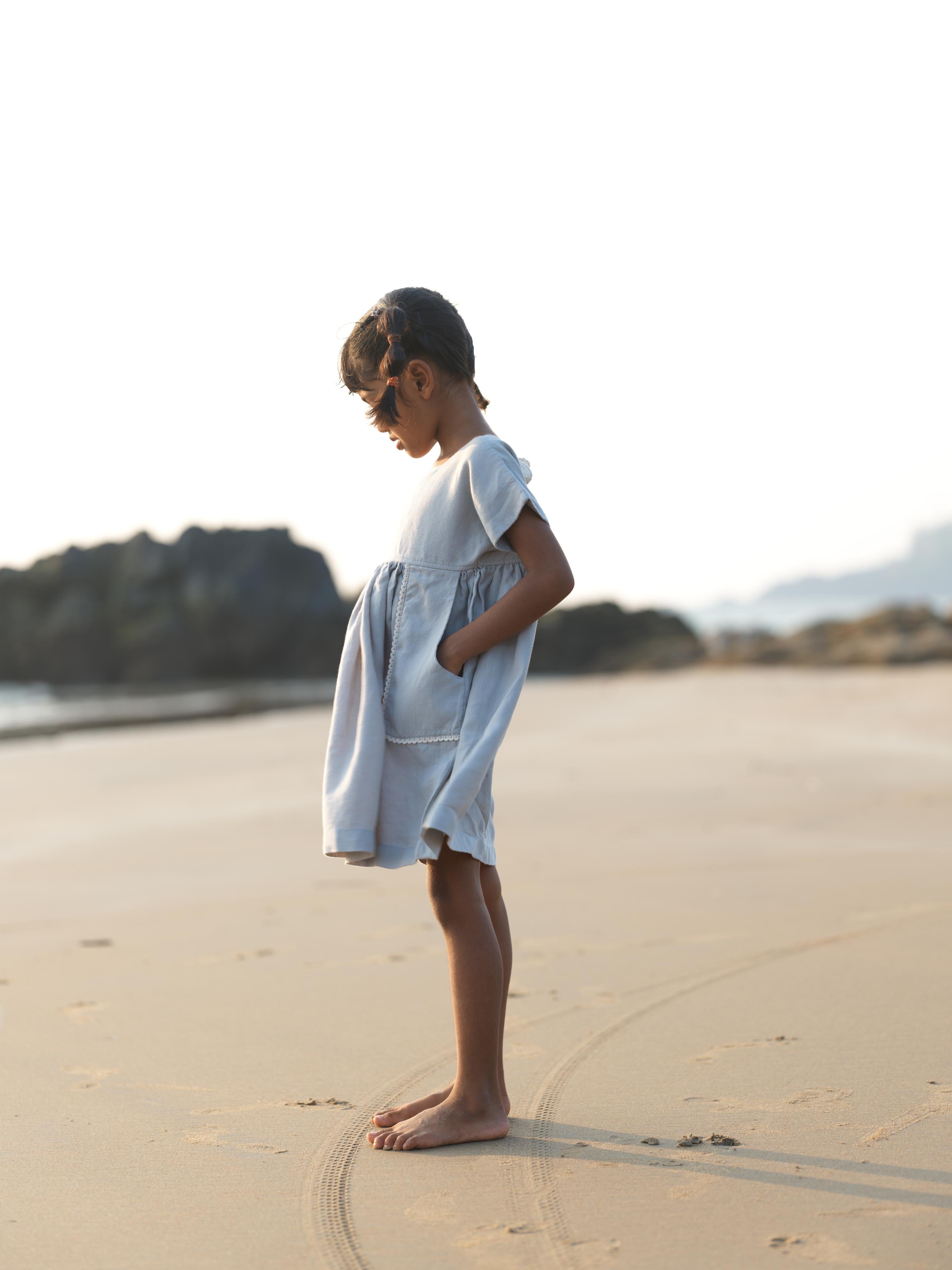 Girls Patch Pocket Tie-Back Dress Natural