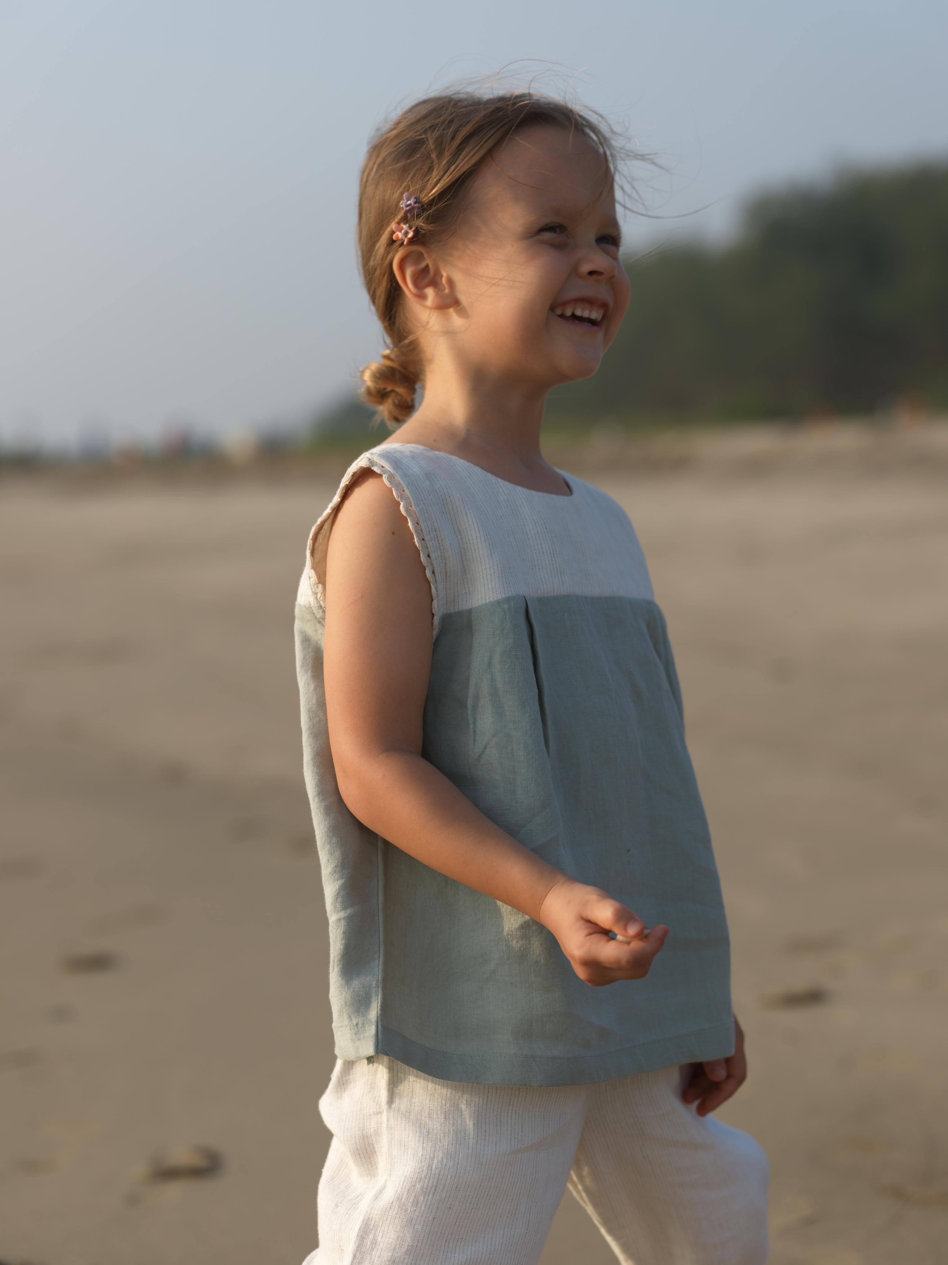 Girls Sleeveless Front Keyhole Top & Trousers Beige Hairline Stripe / Mint Green