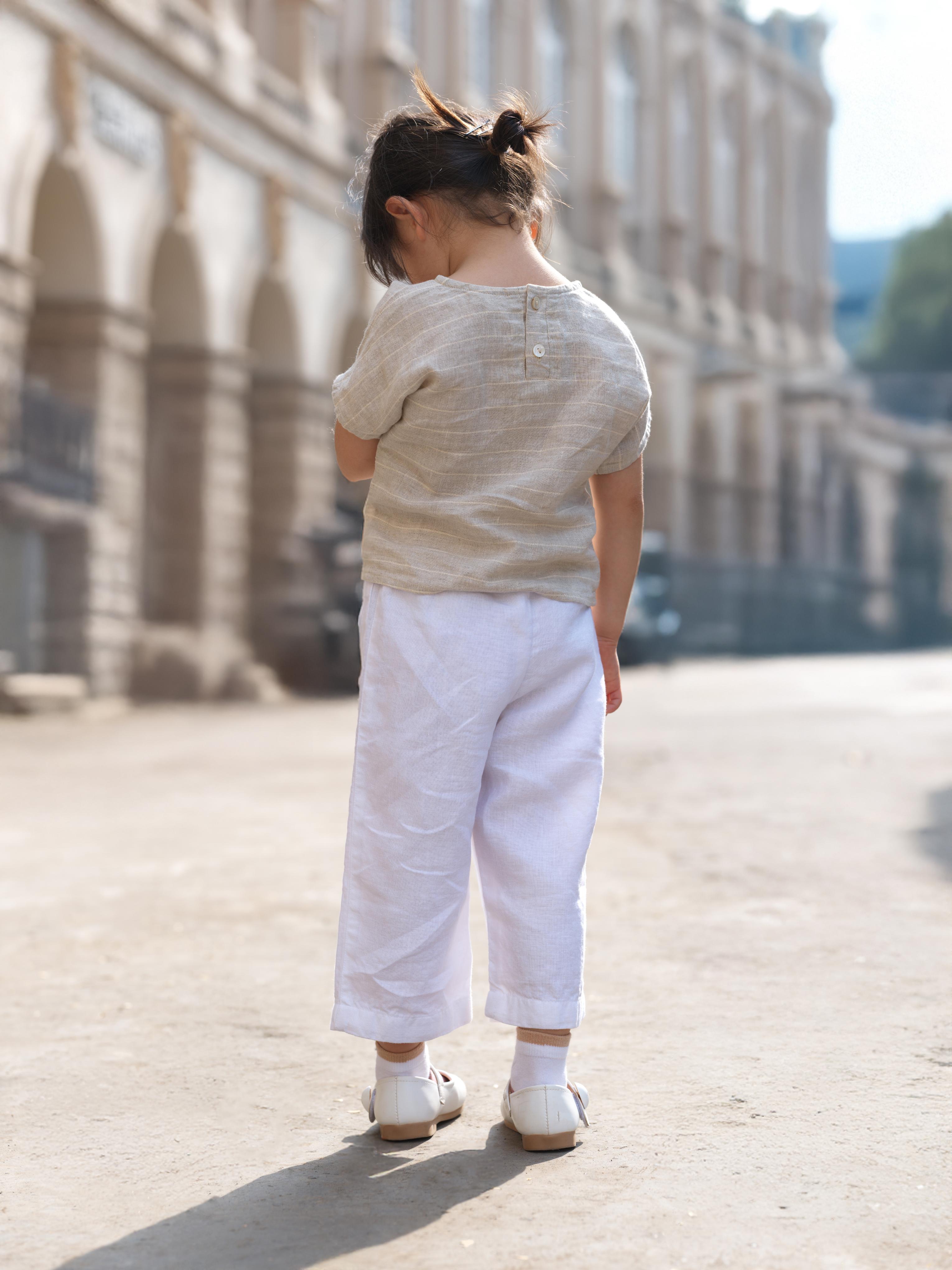 Girls Round Shoulder Top & Patch pocket Trousers Co-Ord set Lurex Stripe / White