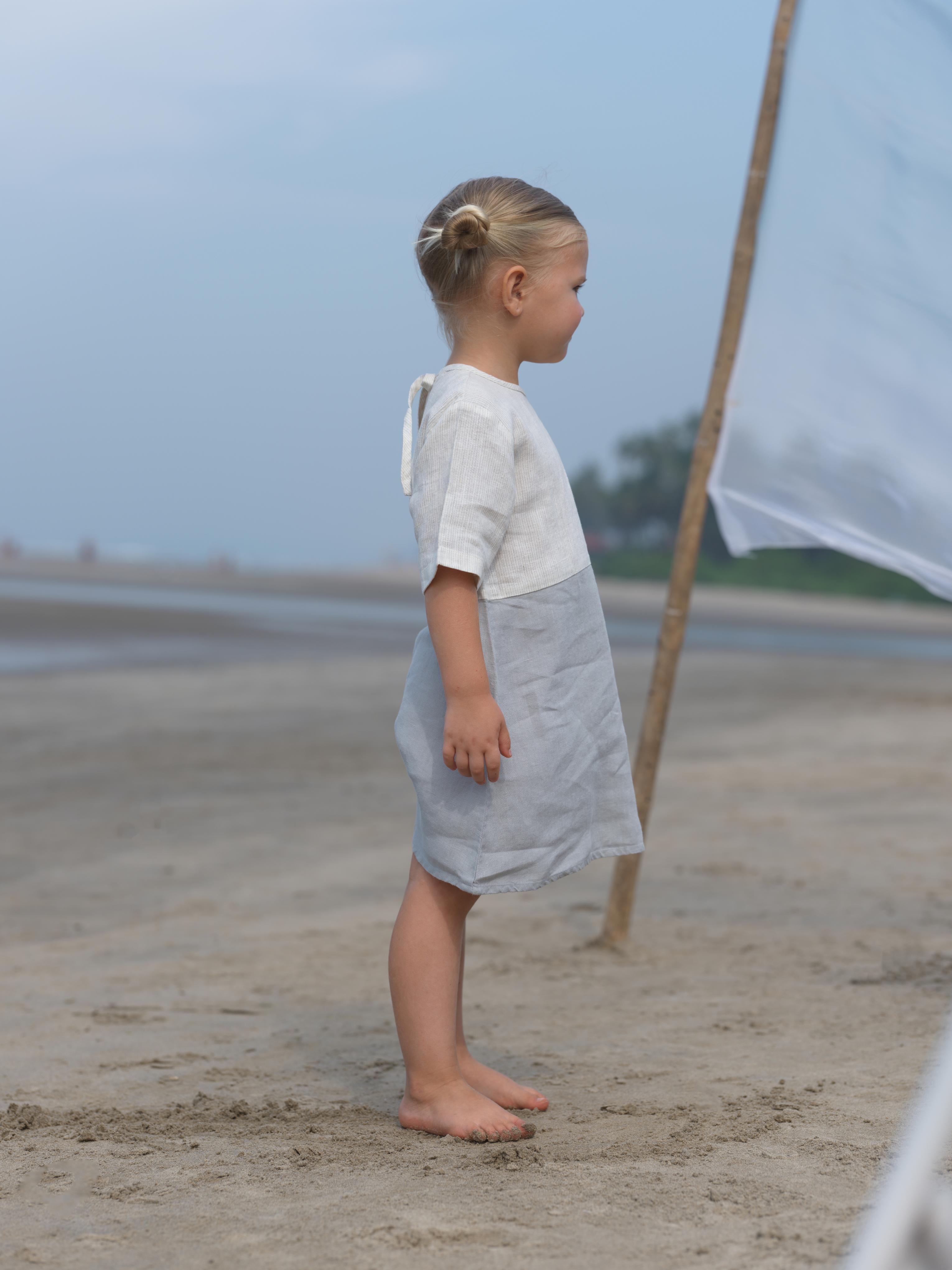 Girls Two Colour Casual Dress Beige Hairline Stripe / Cloud Grey