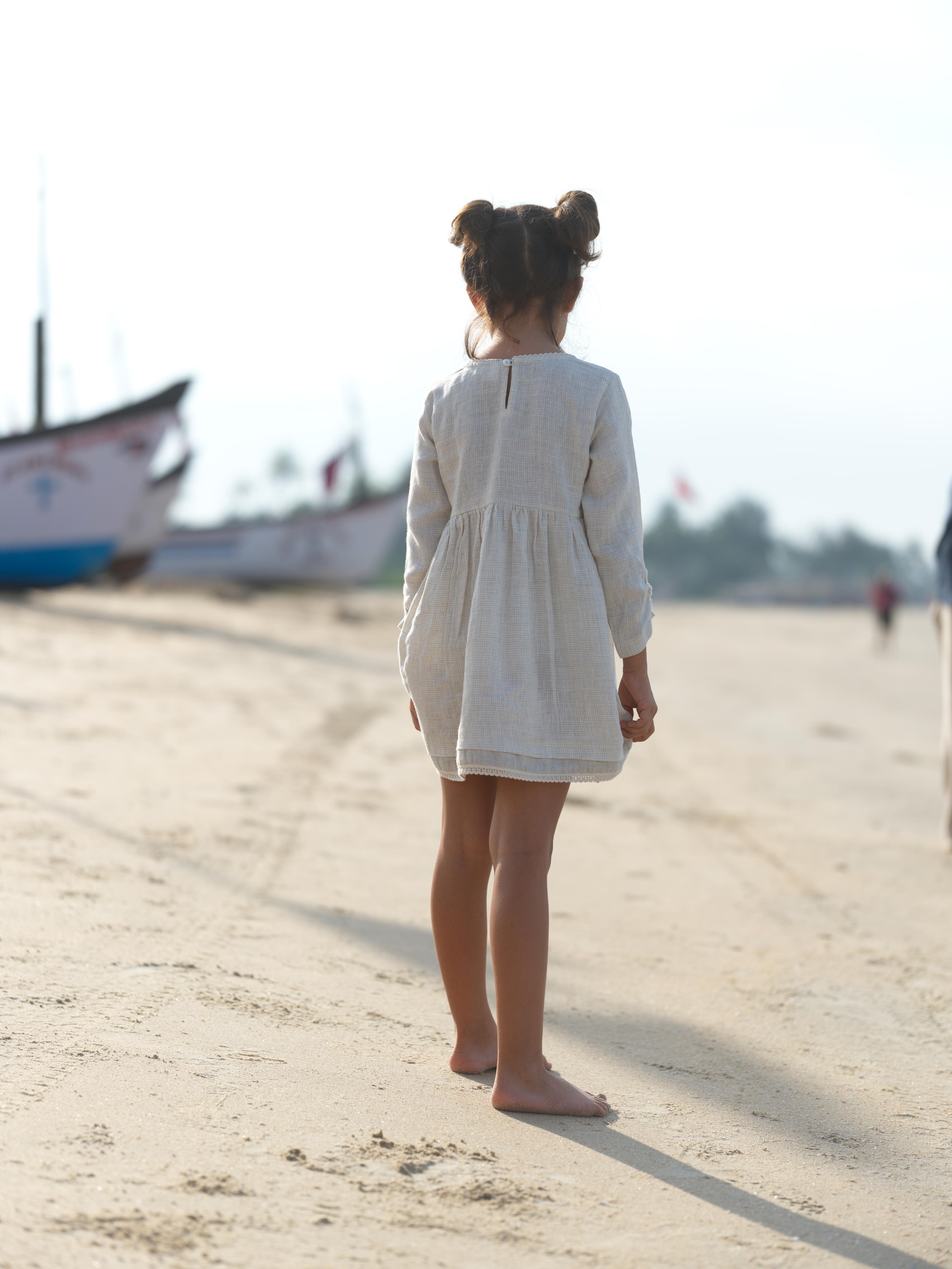 Girl Elastic Long Sleeve Dress Ivory Check