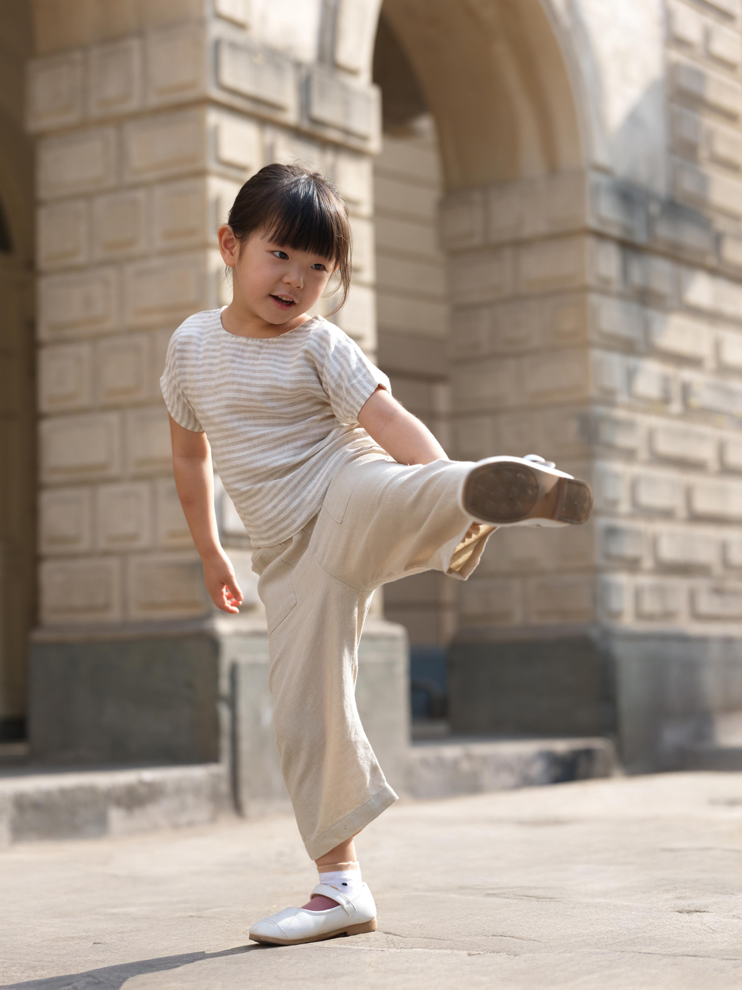 Girls Round Shoulder Top & Patch pocket Trousers Co-Ord set Beige Stripes / Oatmeal