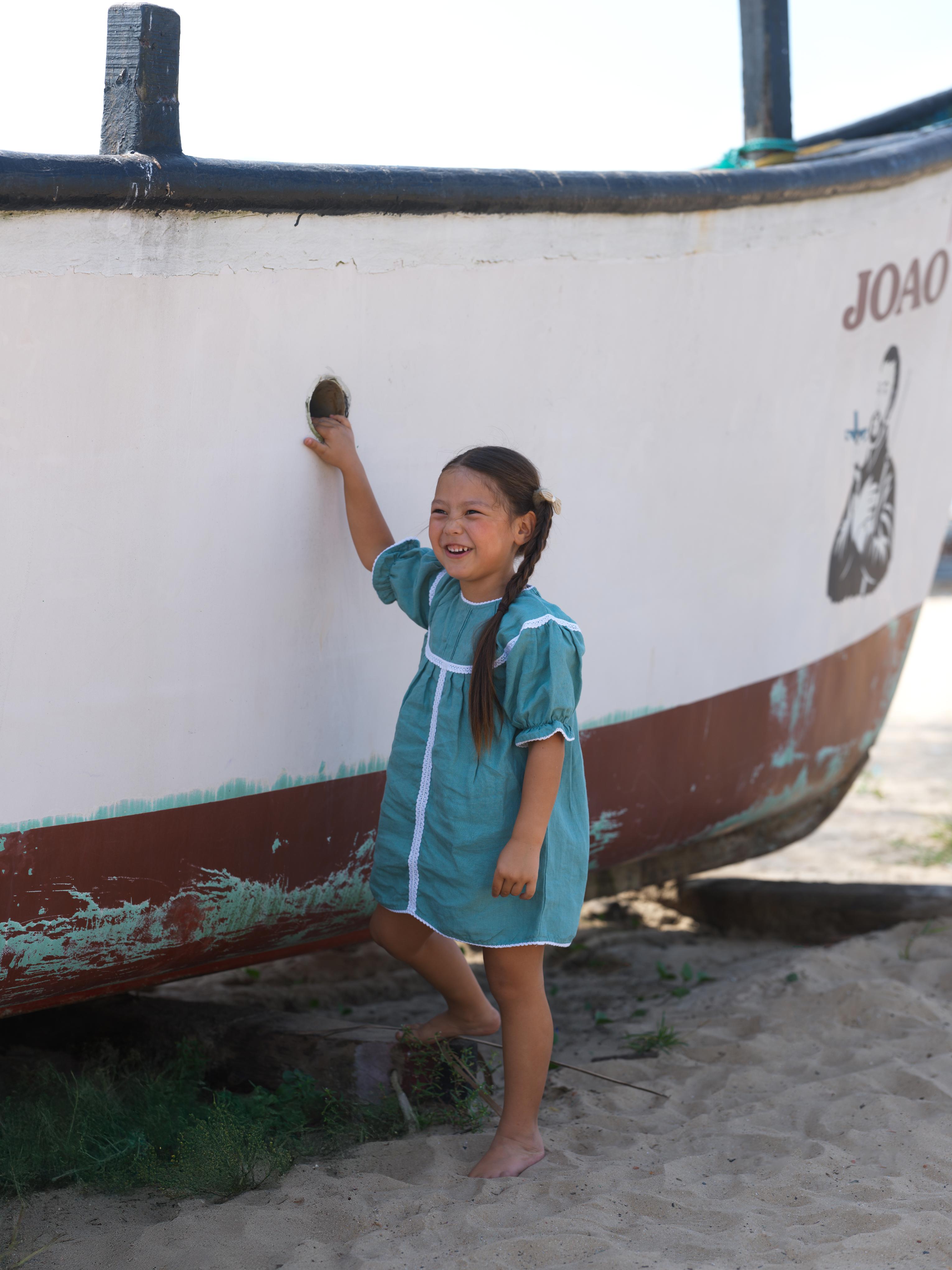 Girls Puff Sleeve Vintage Dress Pine Green