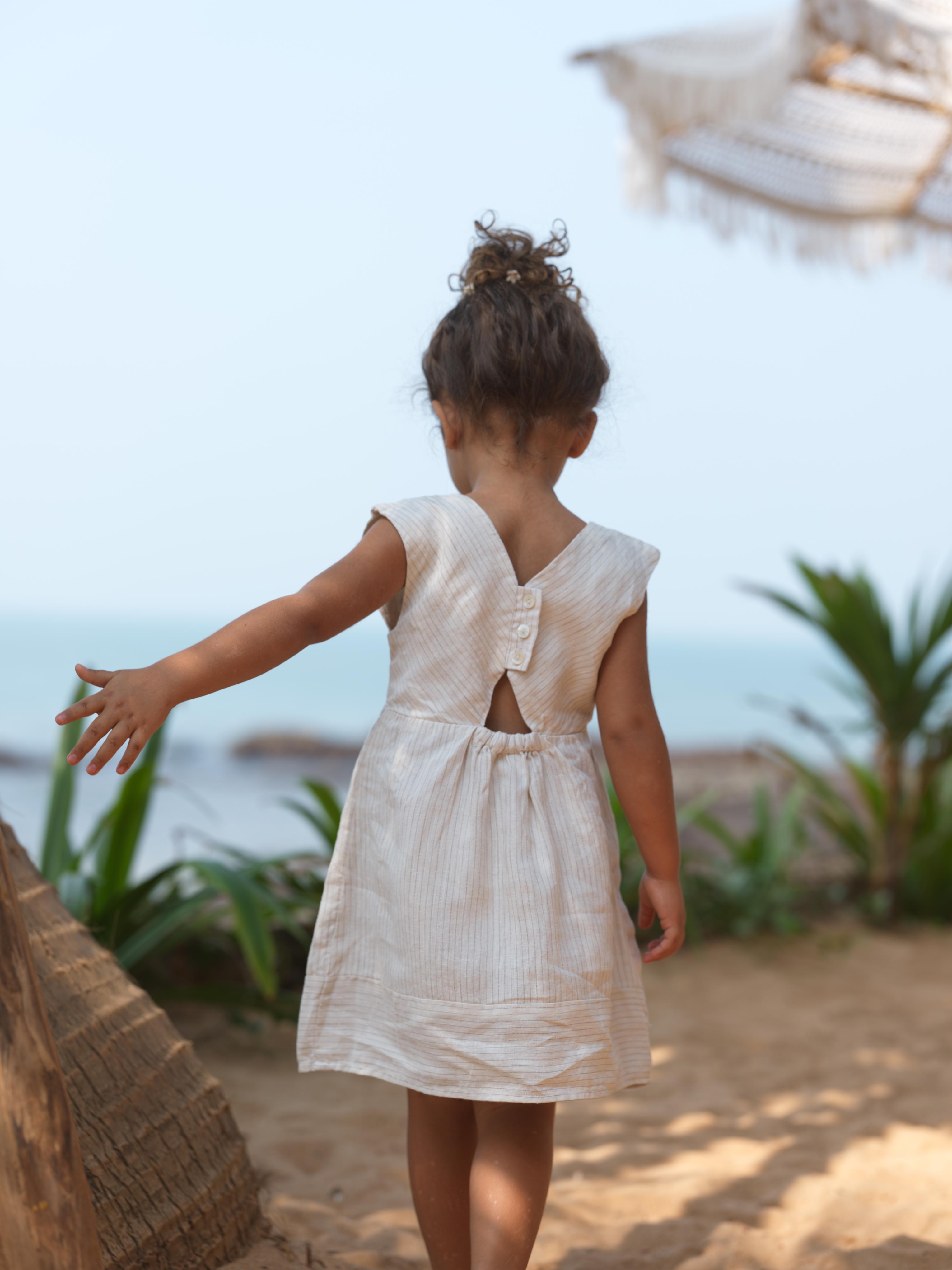 Girls Round Neck Back Opening Dress Beige Lines