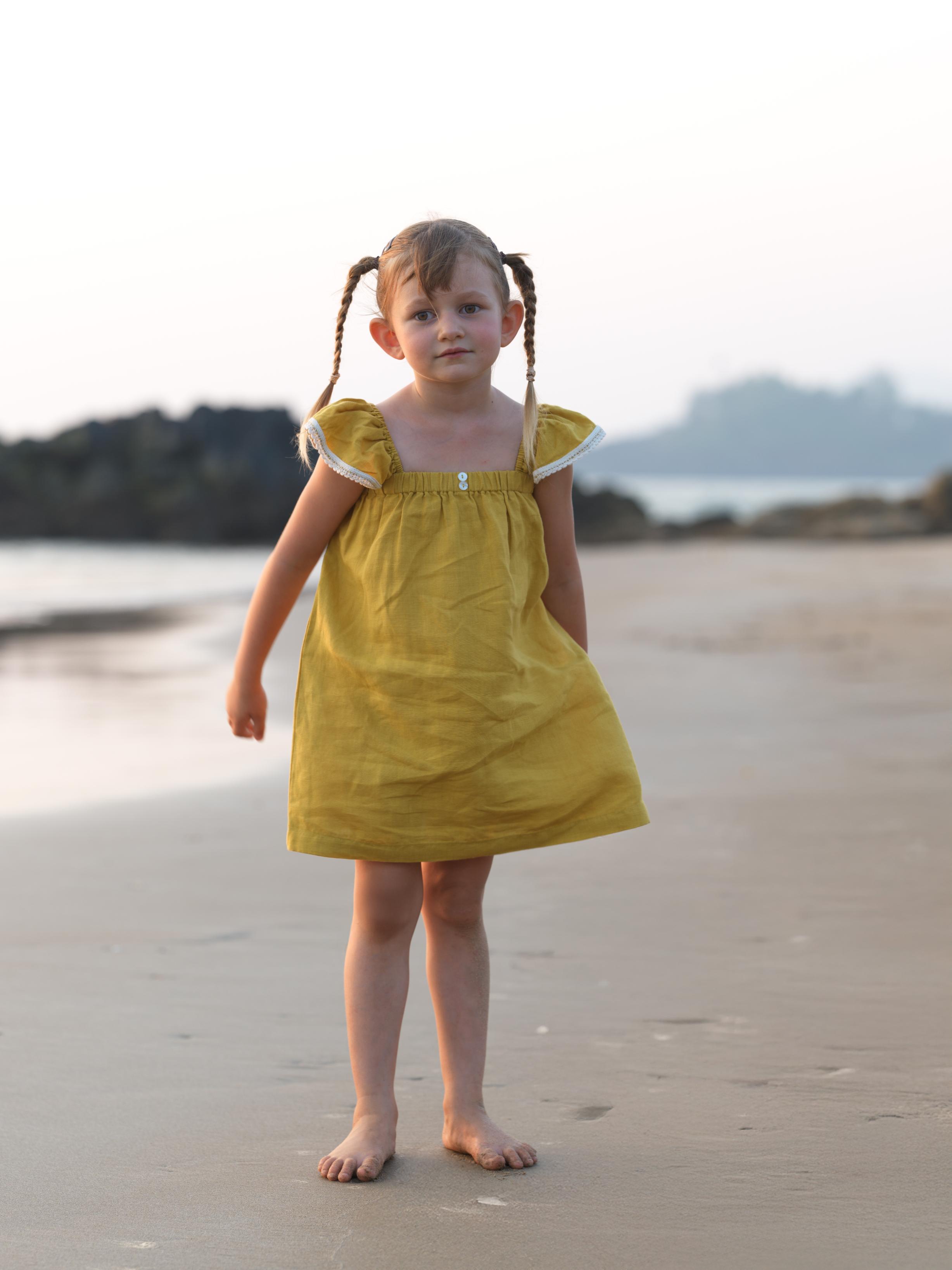 Girls Elasticated Flared Sleeve Dress Mustard