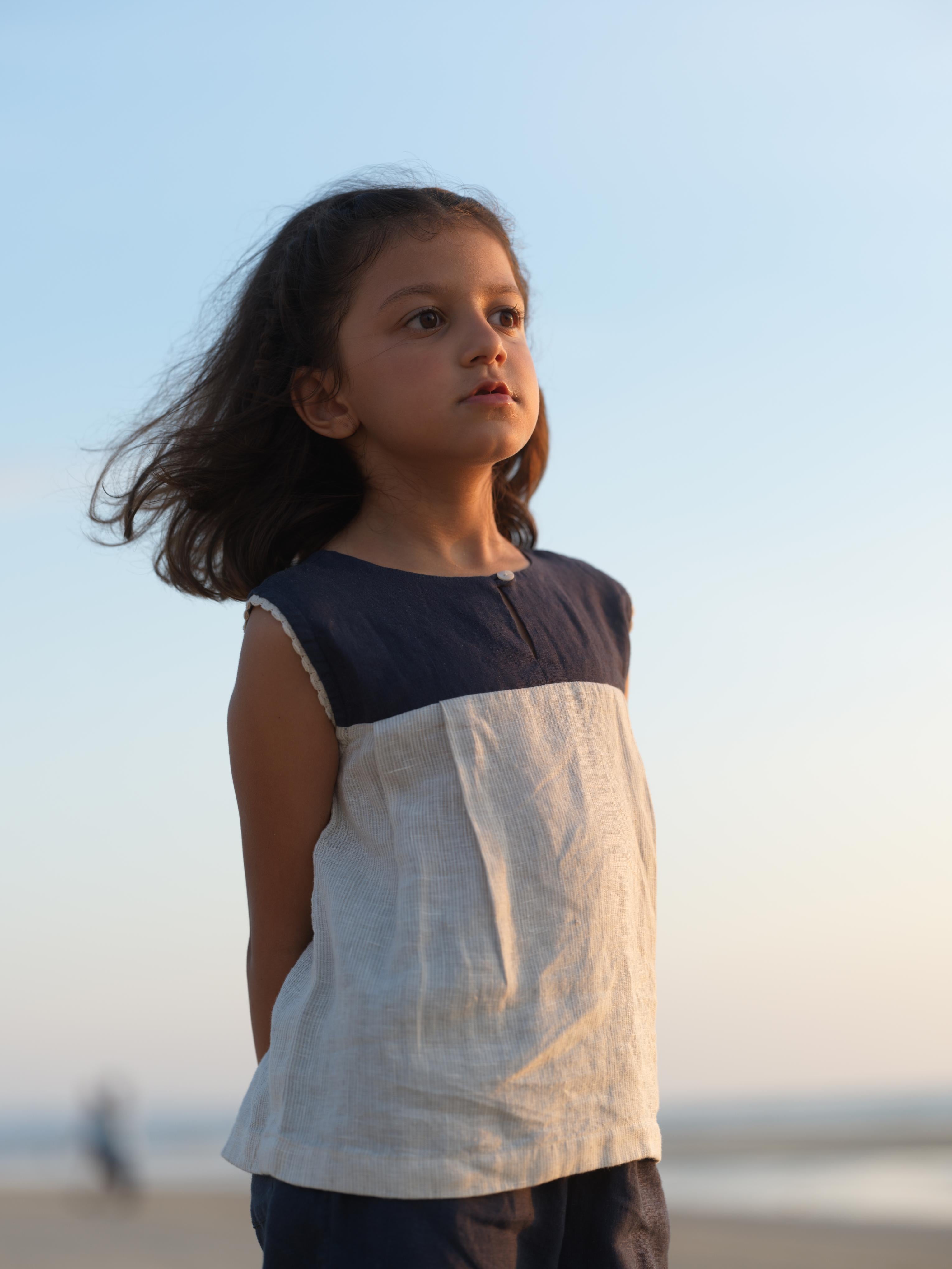 Girls Sleeveless Front Keyhole Top & Trousers Navy Blue / Fade Fine Stripe