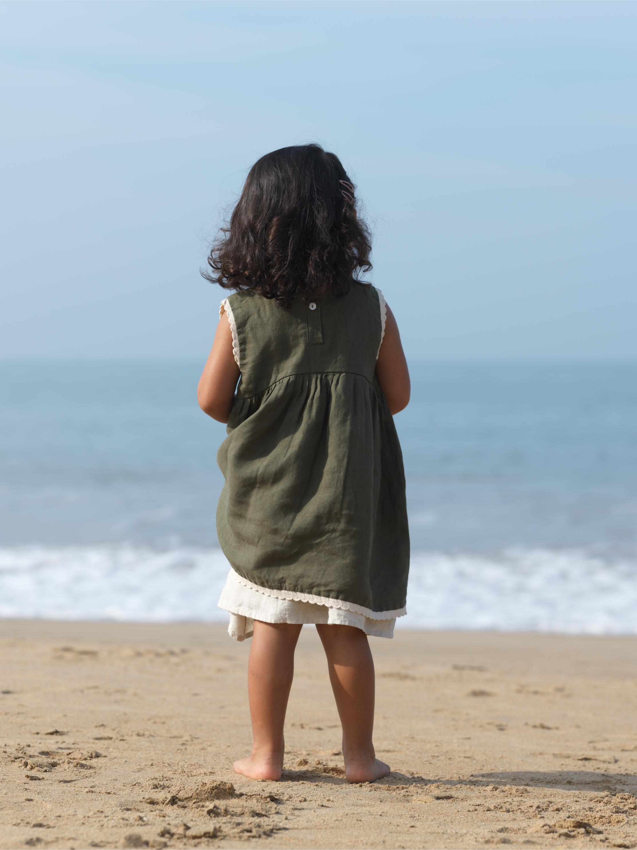 Girls Two Layer Sleeveless Dress Crocodile Green / Cookie & Cream