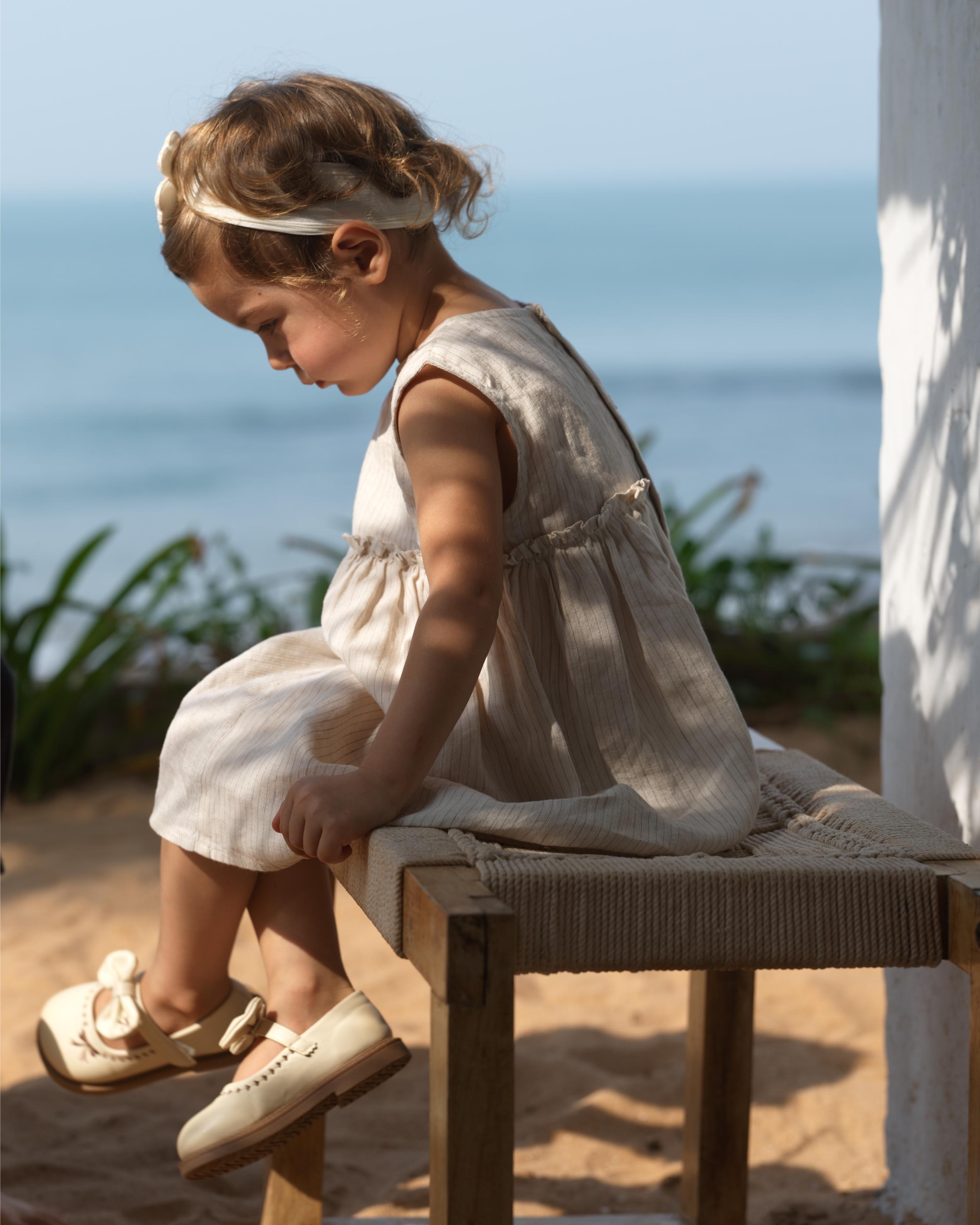 Girls Sleeveless Gathered Dress Beige Lines / Fade Fine Stripe