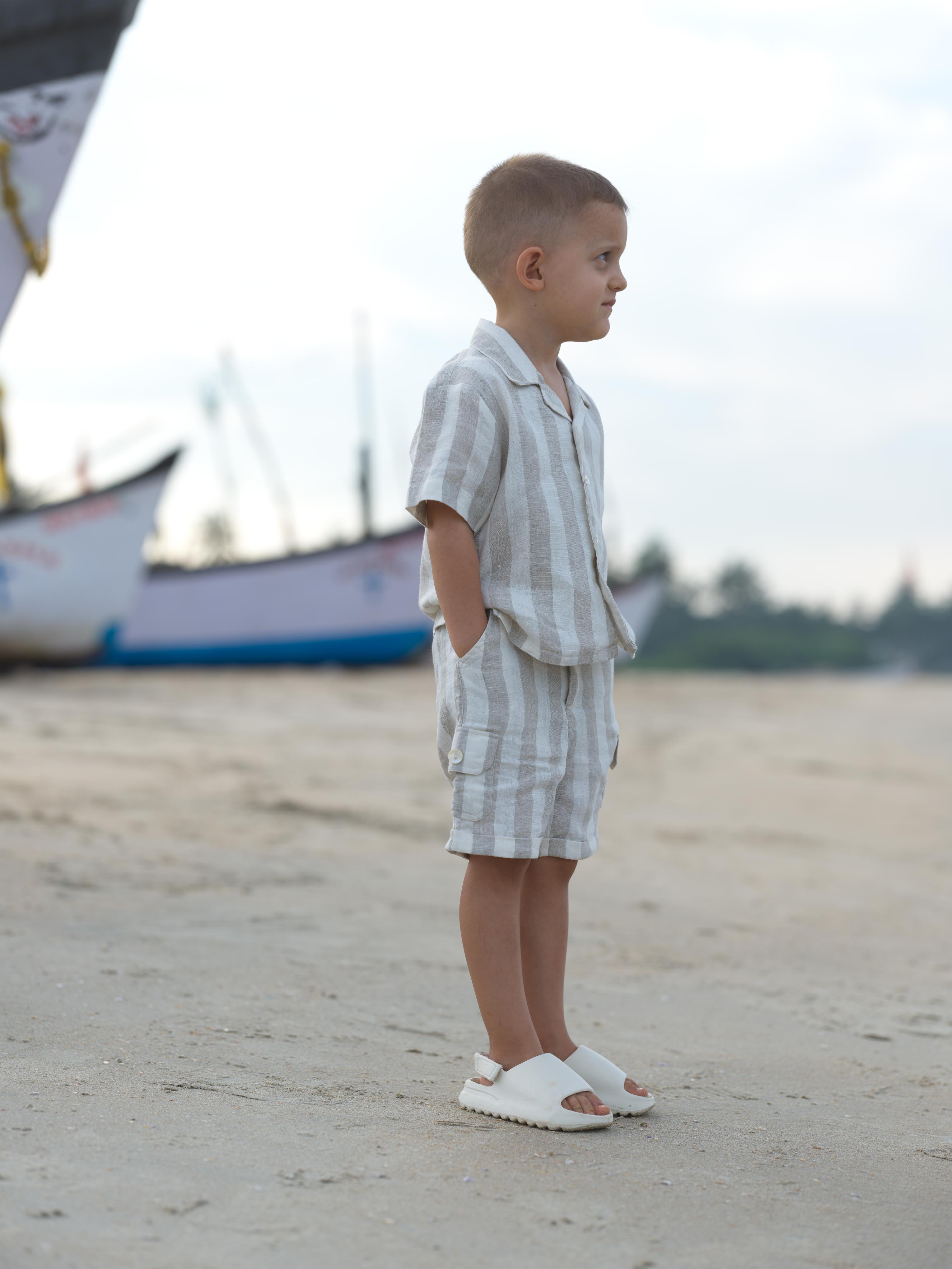 Boys Cuban Collar Shirt Co-Ord Beige