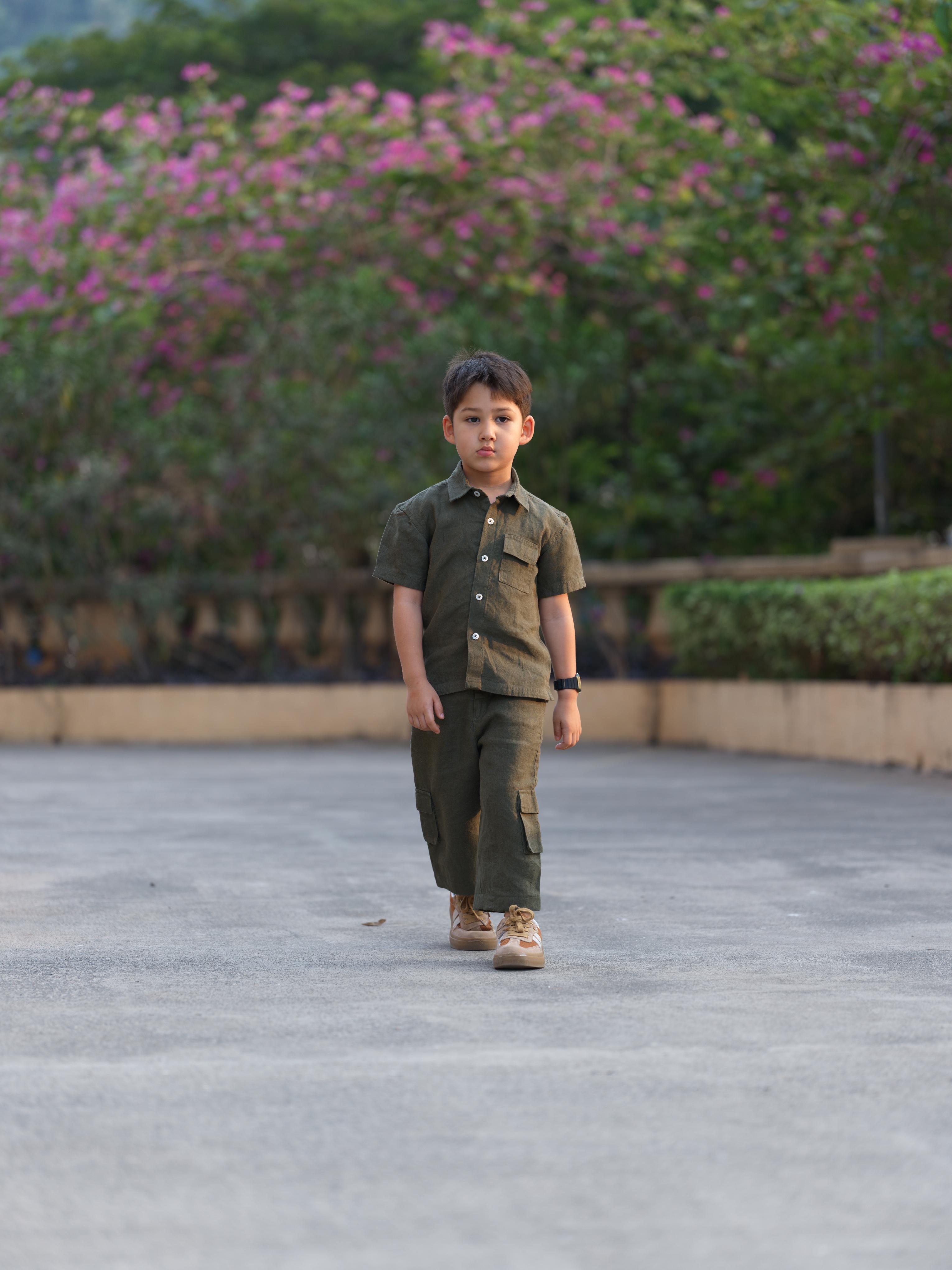 Boys Half-Sleeve Shirt & Cargo Trousers Co-Ord Moss Green