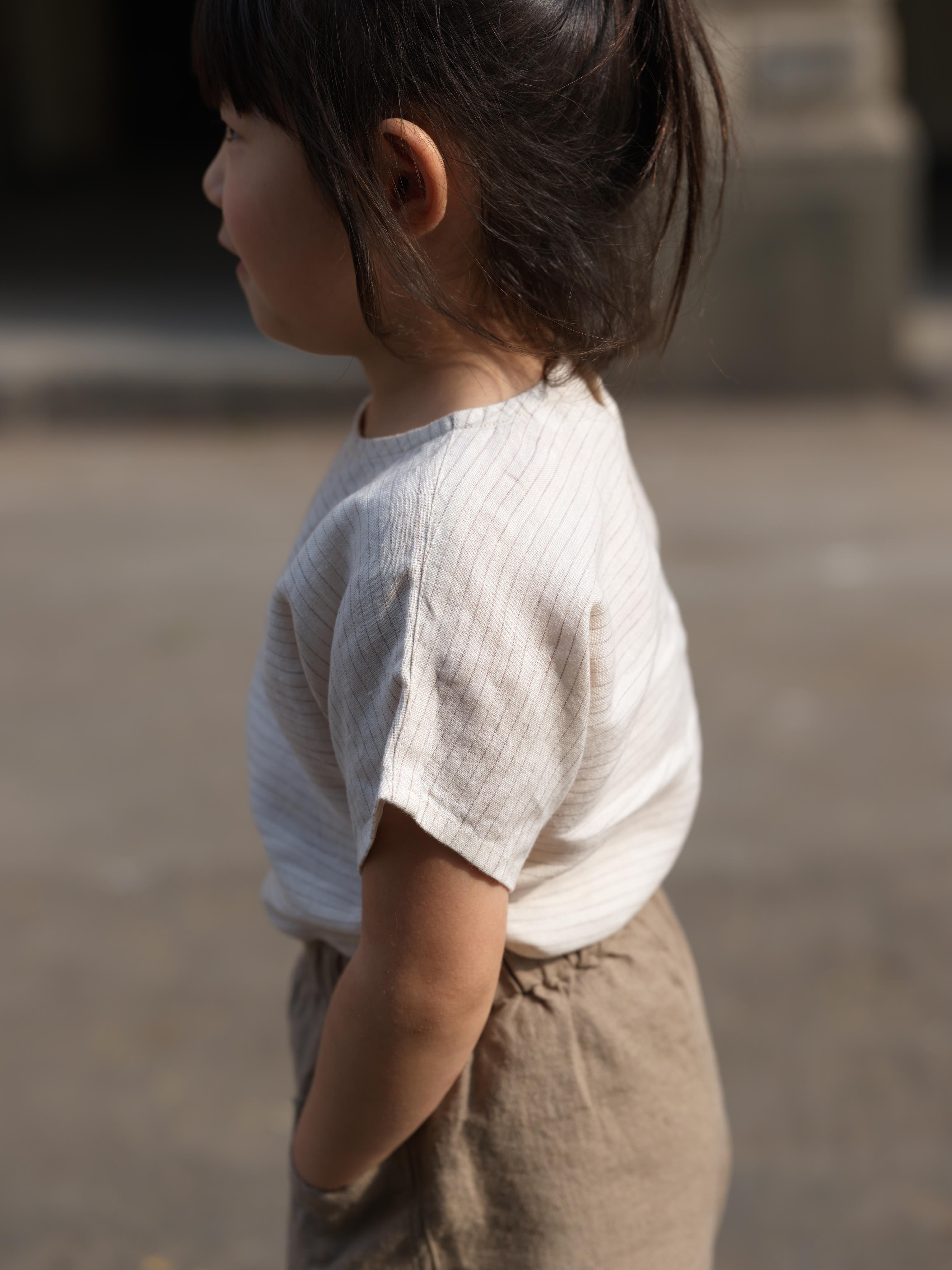 Girls Round Shoulder Top & Patch pocket Trousers Co-Ord set Beige Lines / Vintage Khaki