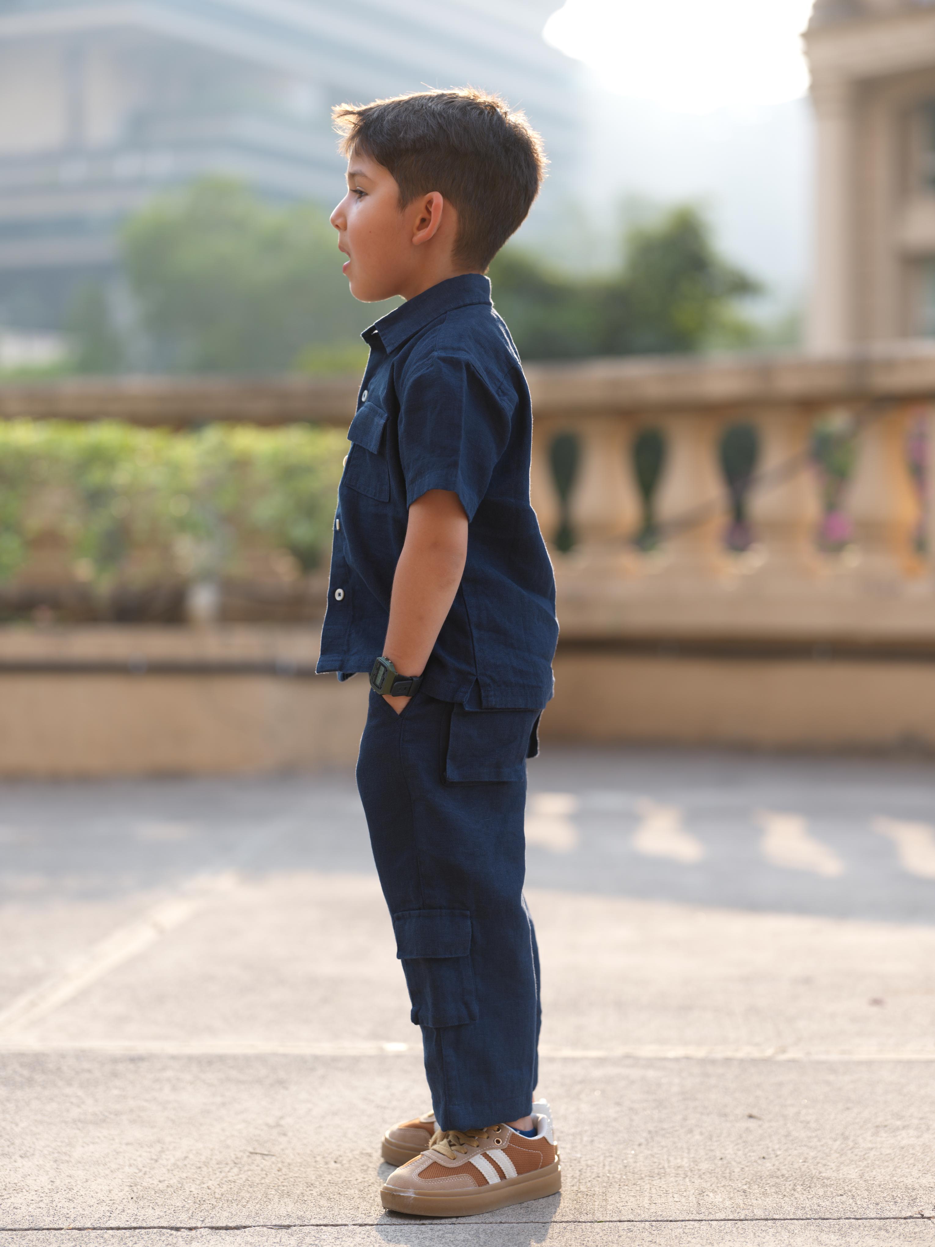 Boys Half-Sleeve Shirt & Cargo Trousers Co-Ord Navy Blue