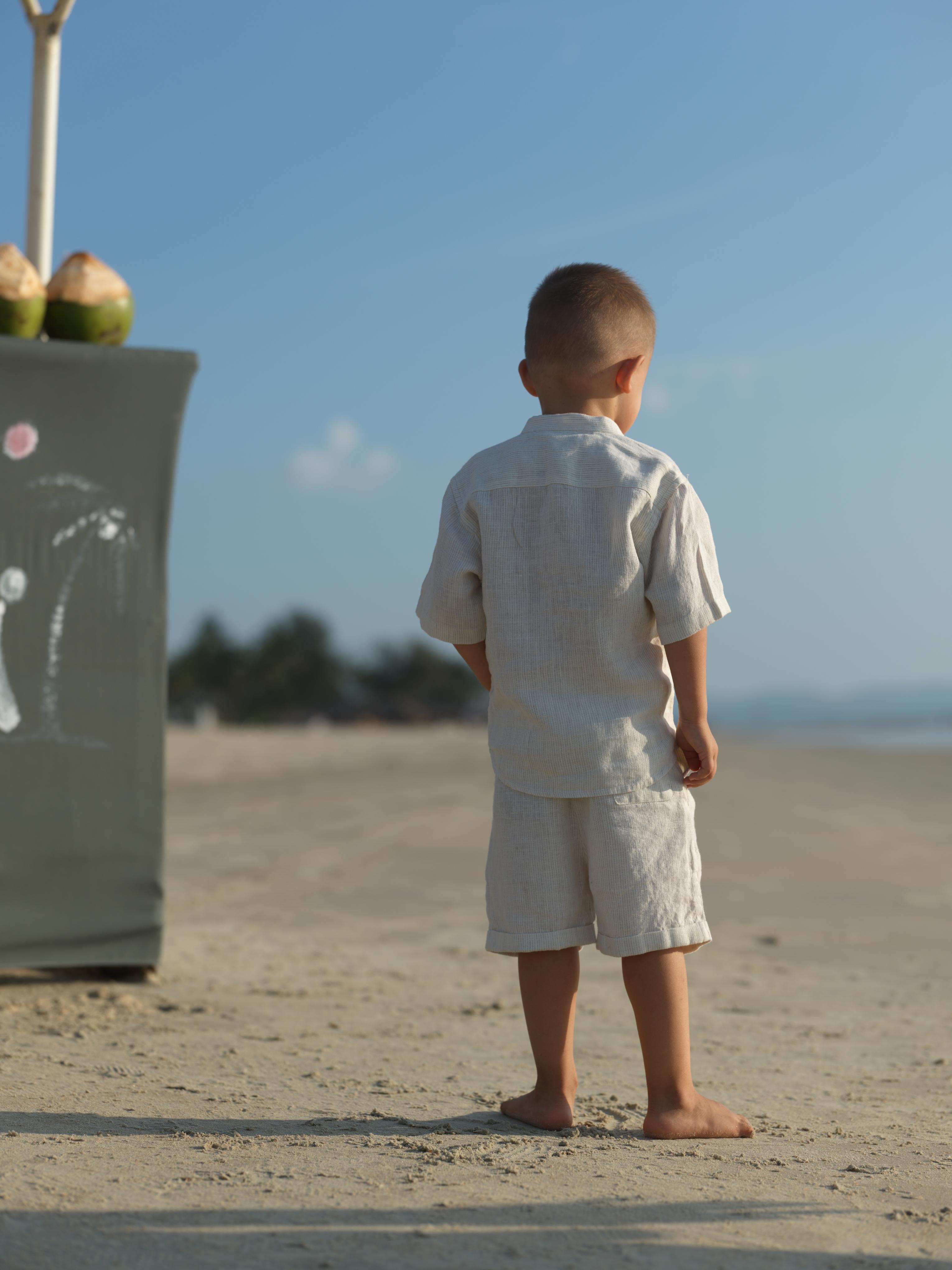 Boys Mandarin Collar Shirt & Shorts Co-Ord Beige