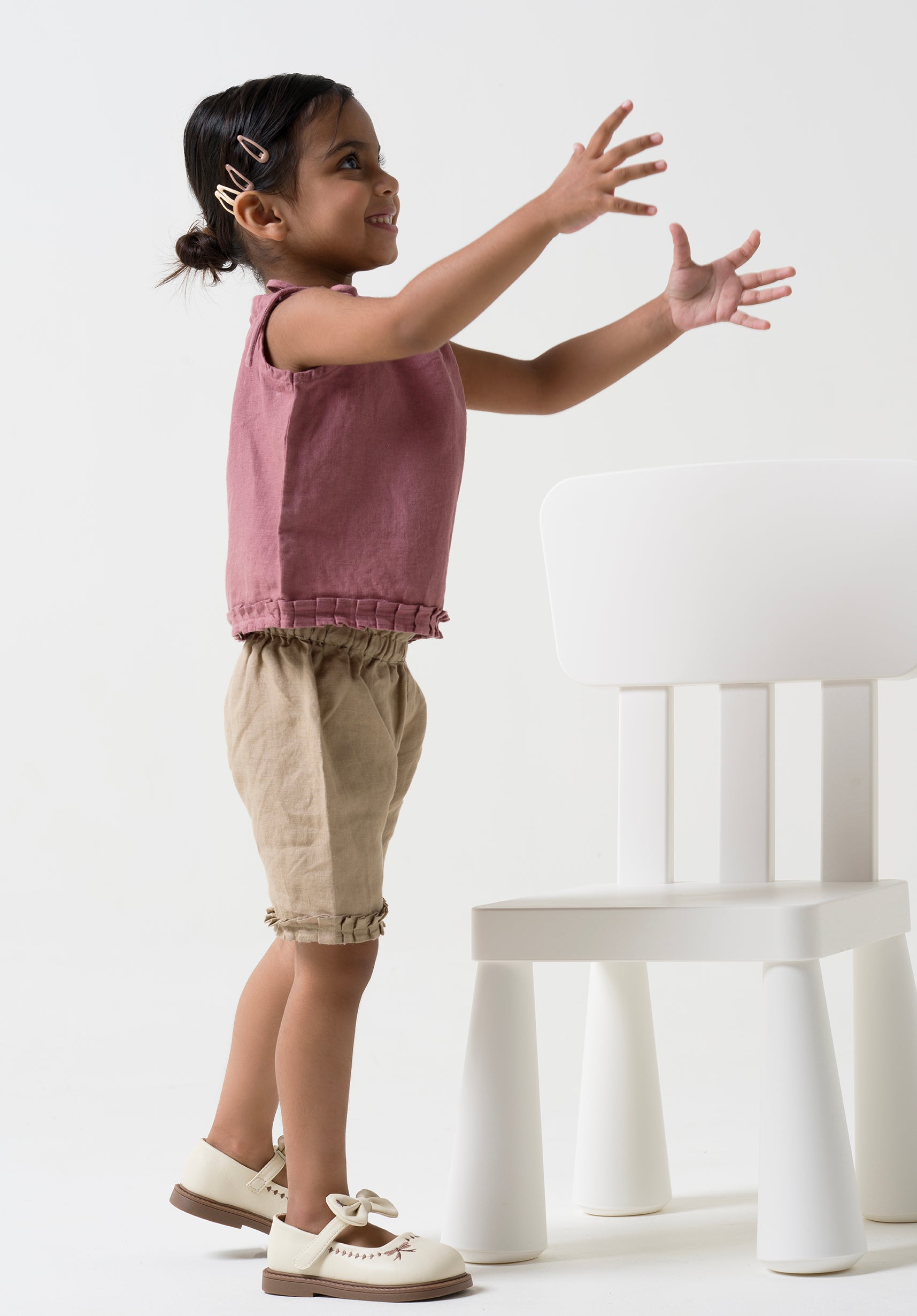 Linen Strap Ruffle Co-ords Set Top - Rose Gold B- Cookie & Cream