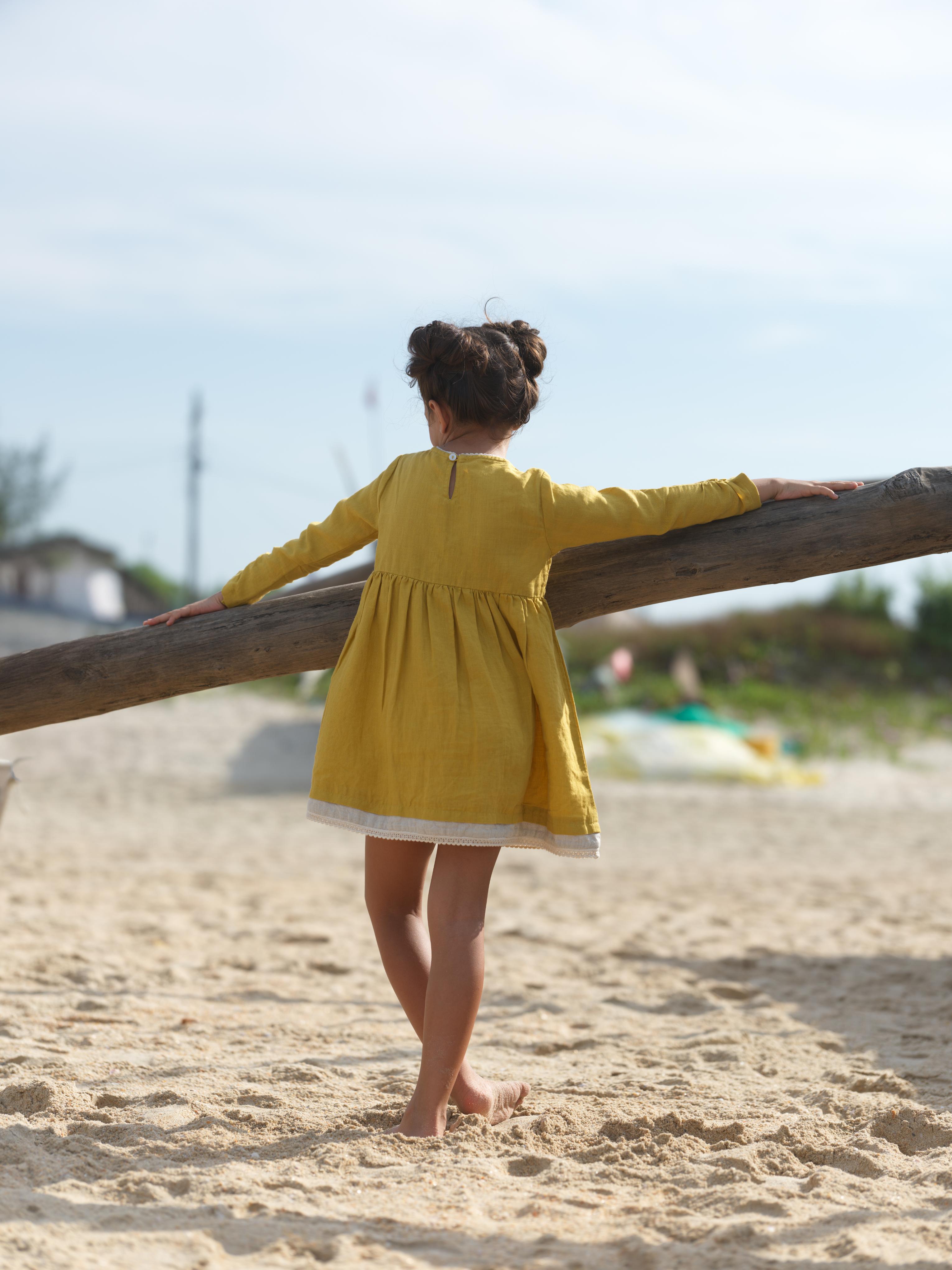 Girl Elastic Long Sleeve Dress Mustard