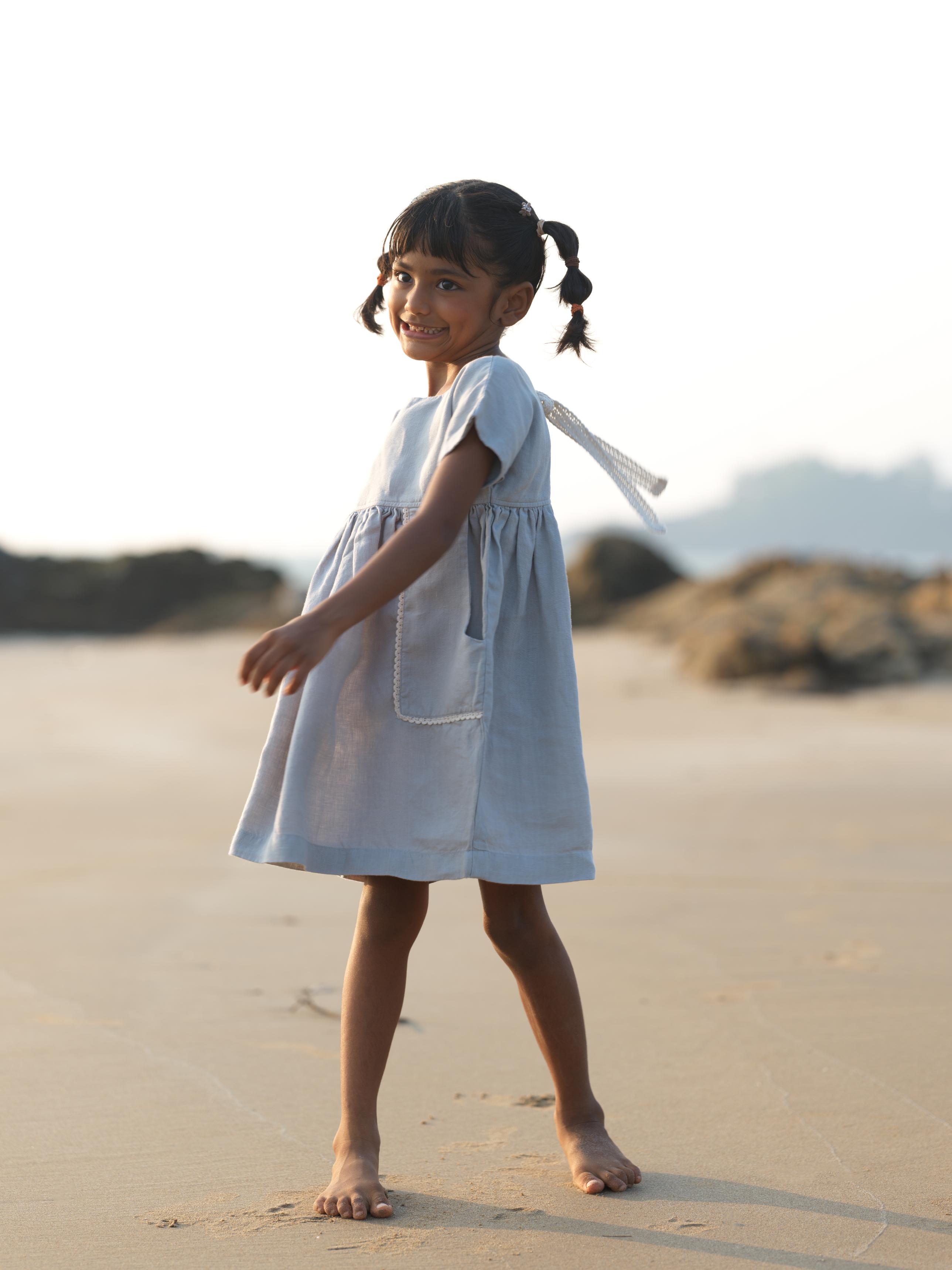 Girls Patch Pocket Tie-Back Dress Natural