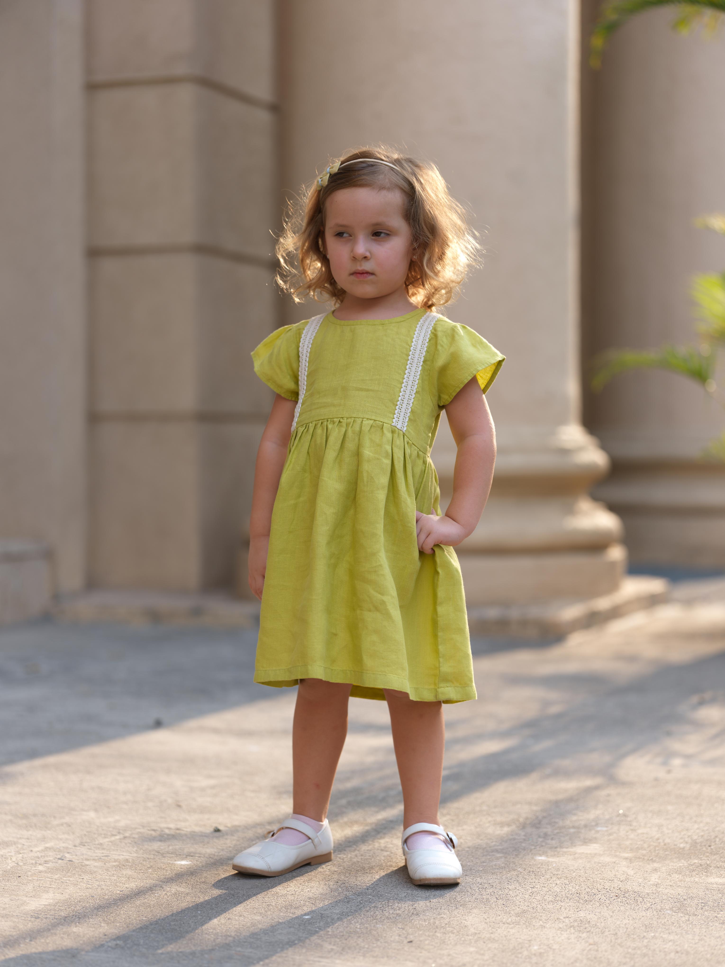 Girl Flared Sleeve Lace Detail Dress Lime