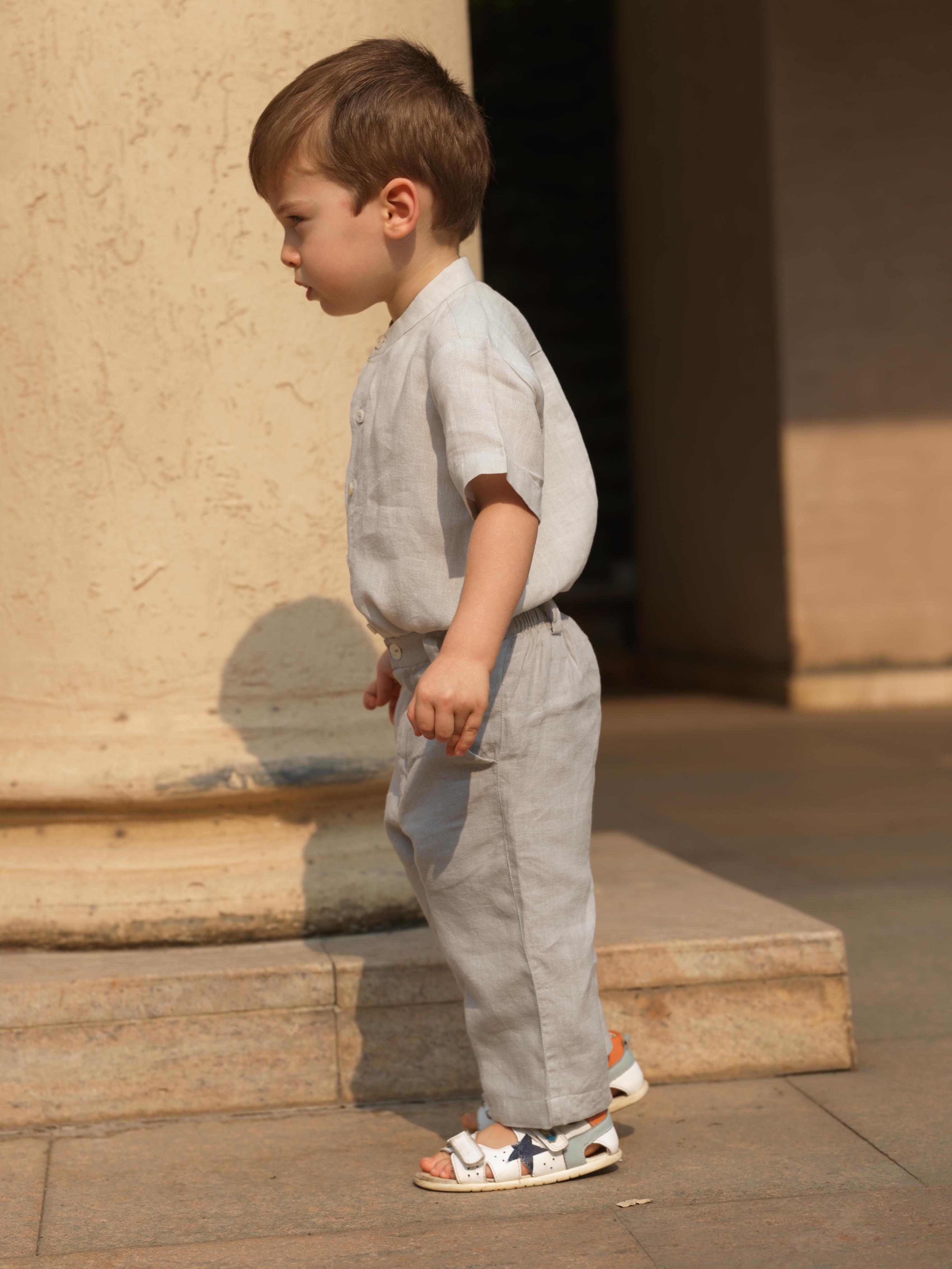 Boys Mandarin Collar Shirt & Shorts Co-Ord Light Grey