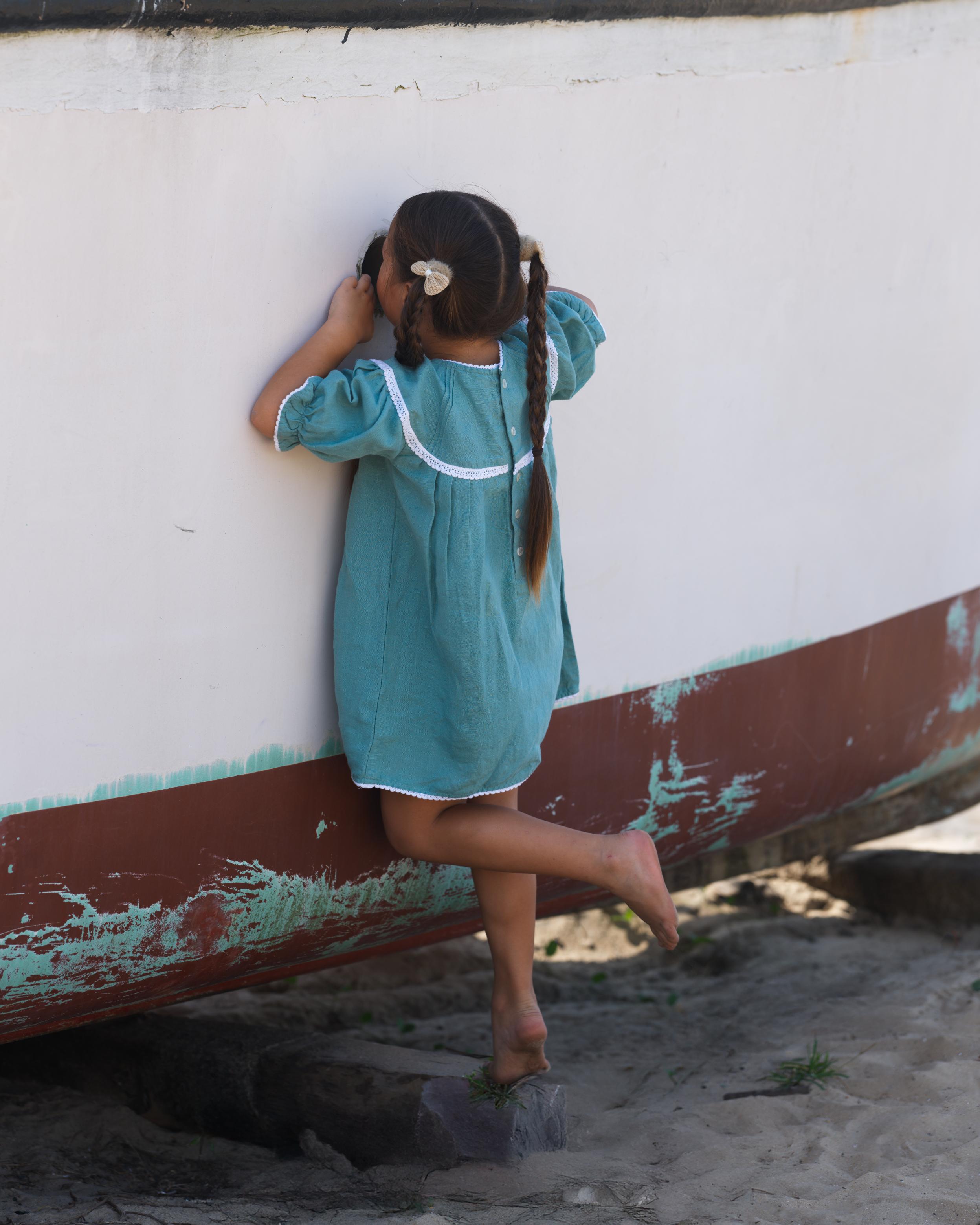 Girls Puff Sleeve Vintage Dress Pine Green