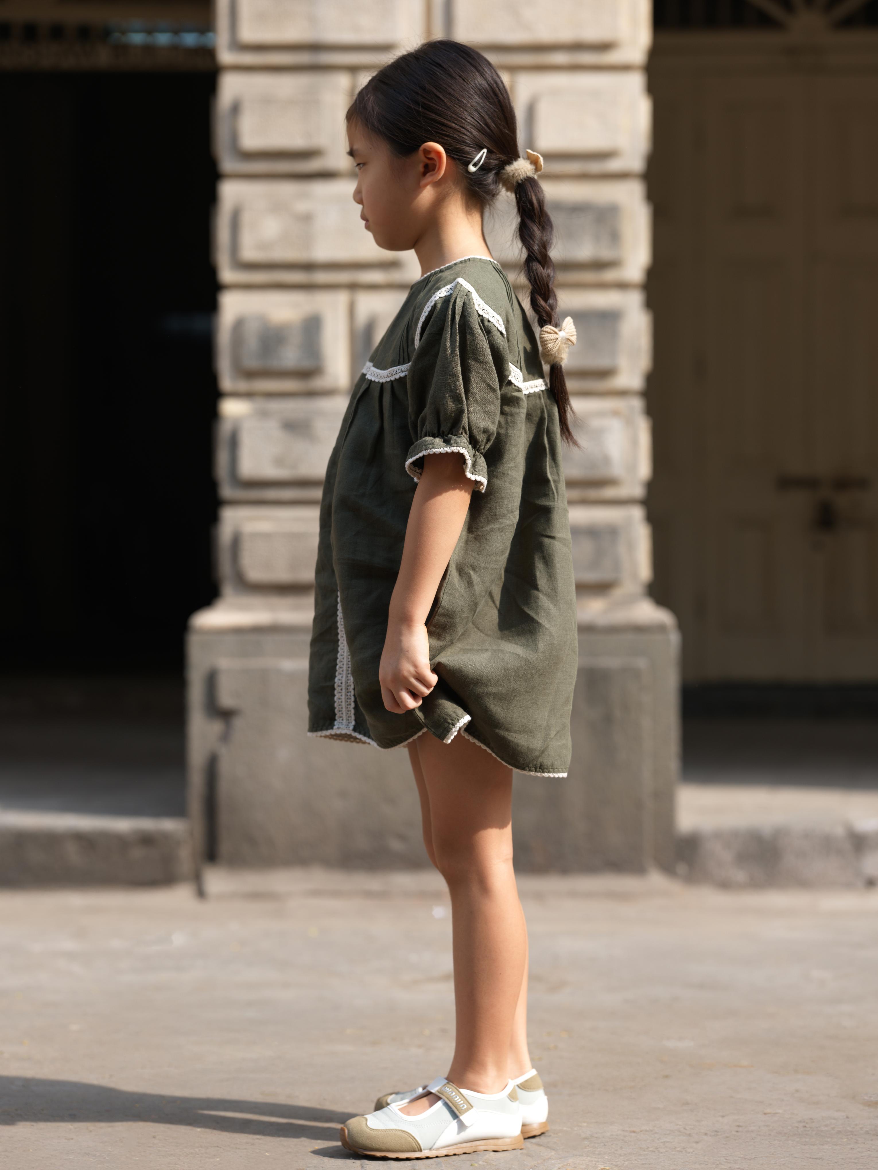 Girls Puff Sleeve Vintage Dress Crocodile Green