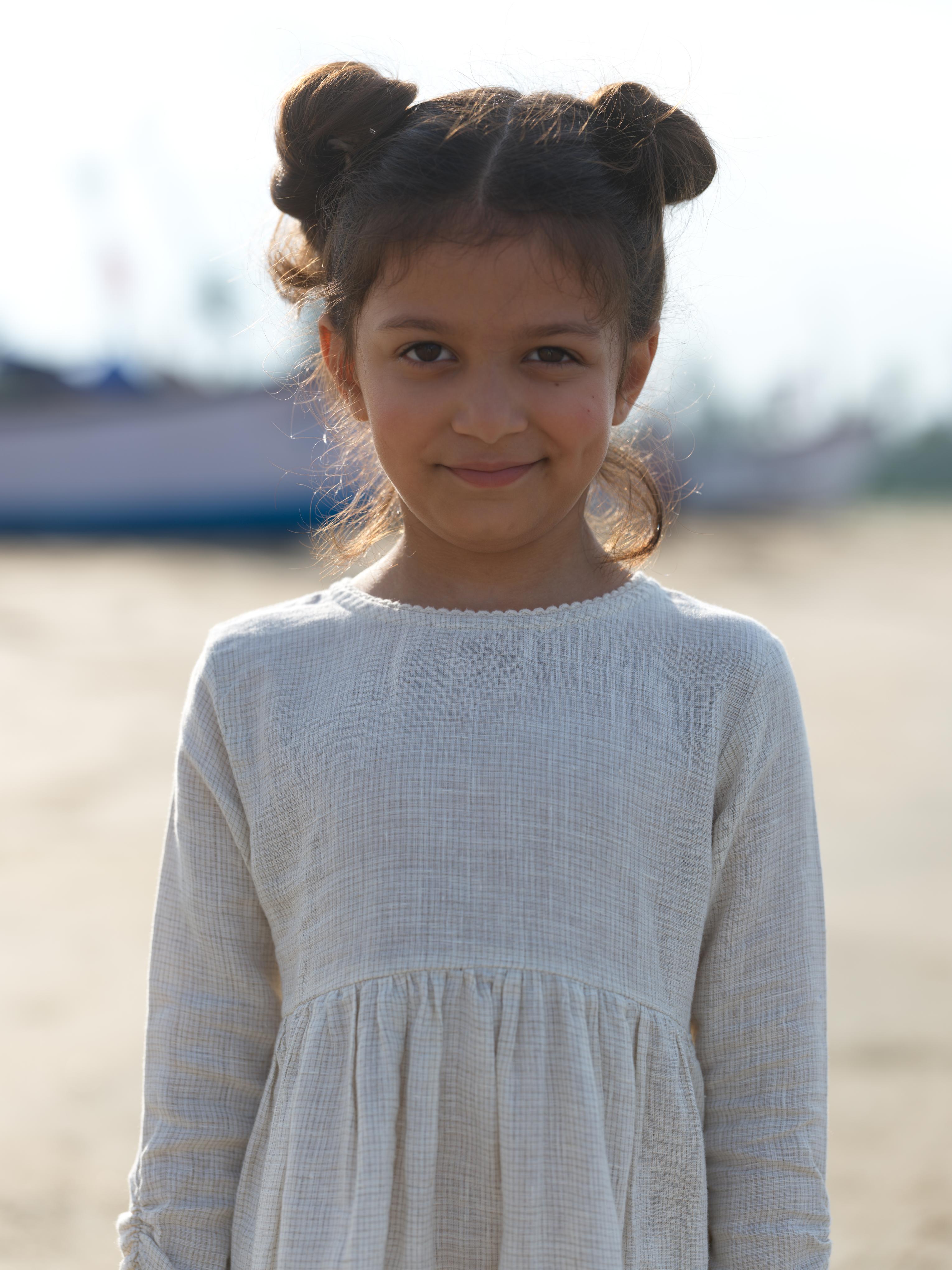 Girl Elastic Long Sleeve Dress Ivory Check