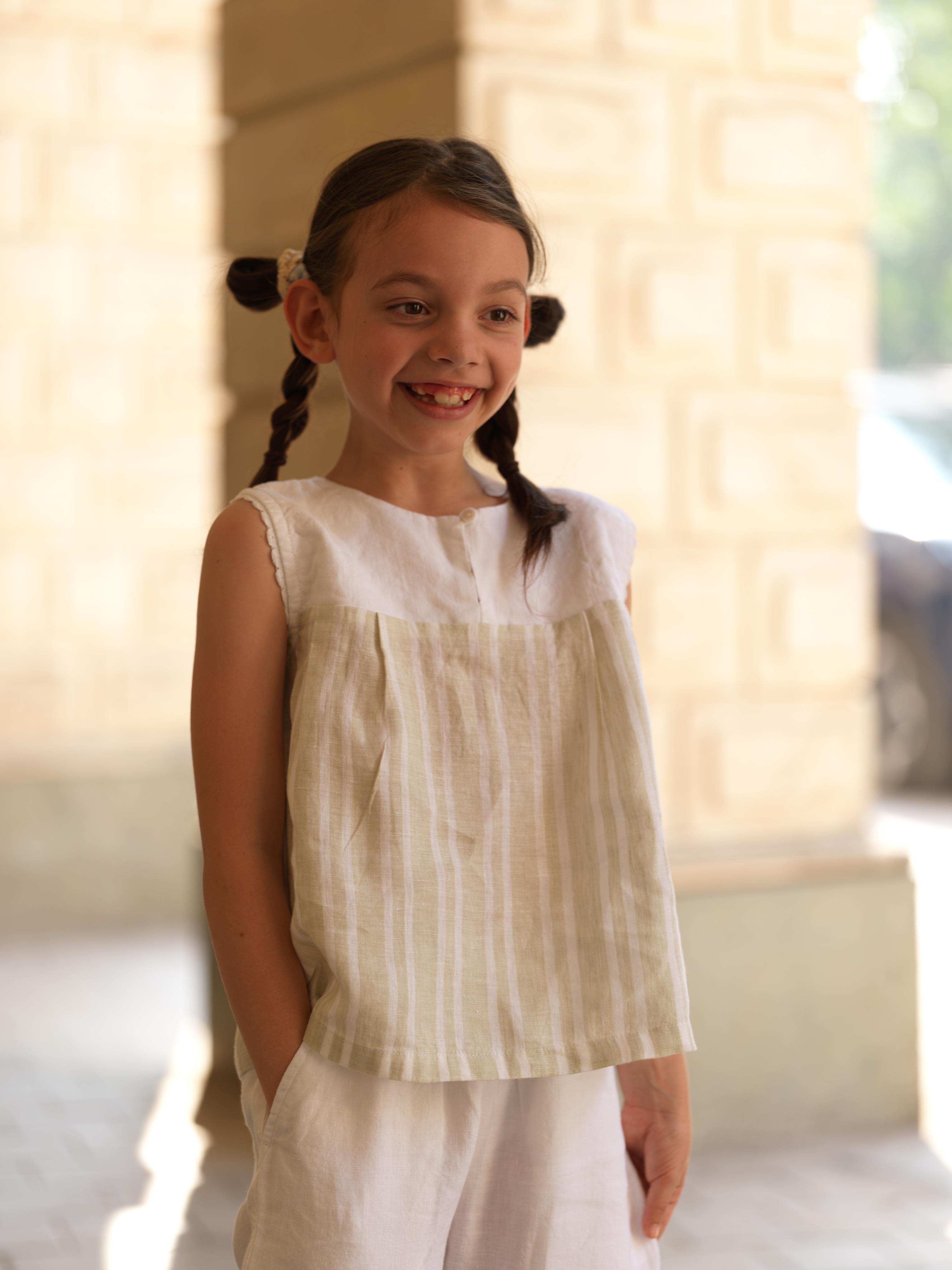 Girls Sleeveless Front Keyhole Top & Trousers Beige Double Stripe / White