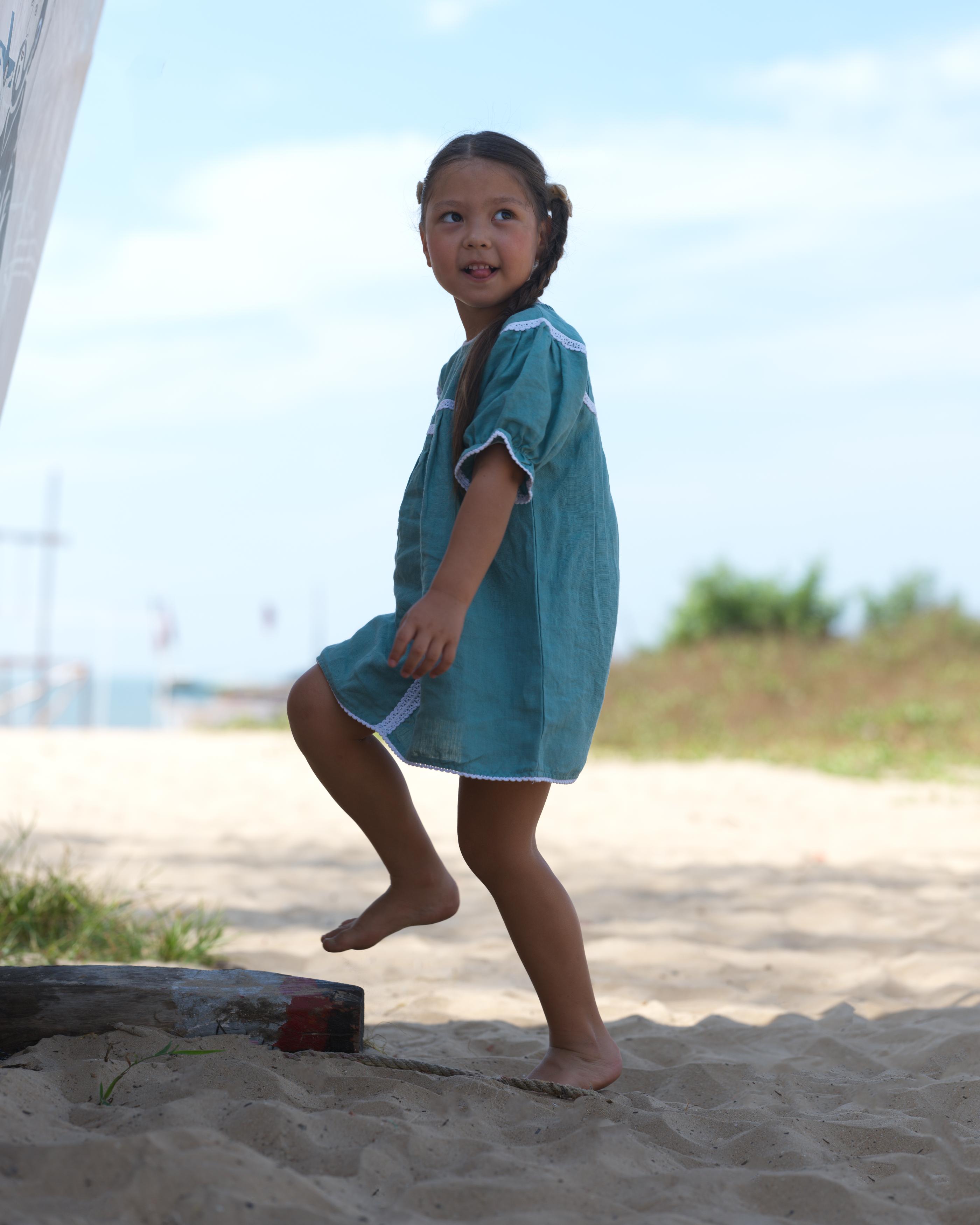 Girls Puff Sleeve Vintage Dress Pine Green